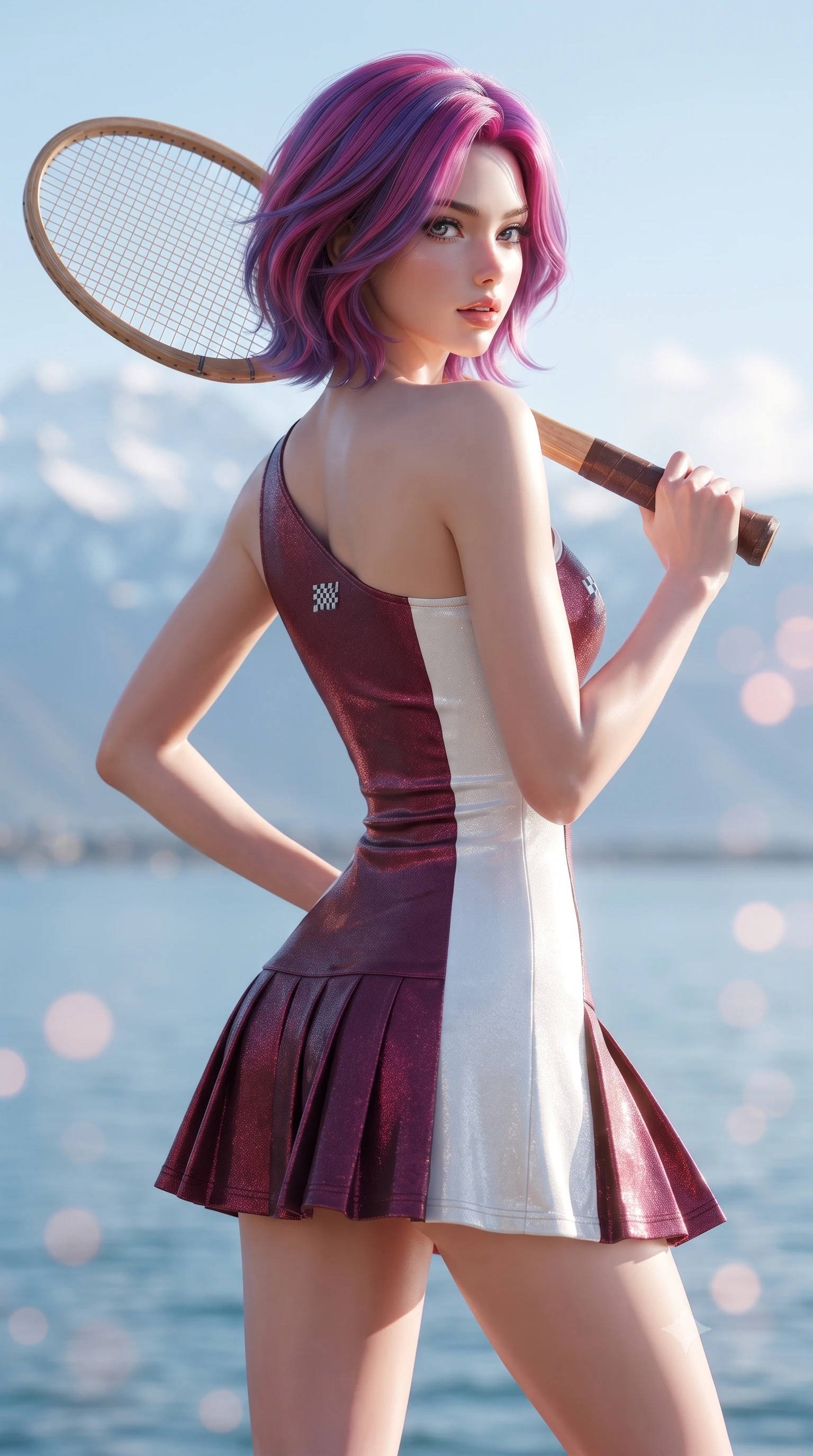 score_9, masterpiece, best quality, ultra-detailed, high-budget anime keyframe, editorial fashion photography, tasteful artistic composition, Caucasian woman. close-up cowboy shot from the waist and thighs up, the character dominates the composition, filling the frame with her large presence. posing in an alluring rear three-quarter angle, turning over a bare shoulder with an intoxicating gaze, her hips cocked back to highlight her slim hourglass curve against the paddock lights while twisting her slender torso in an alluring contrapposto stance, crisp alpine breezes fluttering her pleated tennis skirt around her legs and hips. The background shows a soft-focus tranquil Lake Geneva waters and the majestic snow-covered dome of Mont Blanc blurred into icy sapphire, cloud white, and rose-gold bokeh. She has an exceptionally elegant, slender, and willowy female figure with an ultra-slim waist, flat toned midriff, narrow ribcage, and sculpted feminine hips creating an alluring, slim hourglass silhouette without bulk. sharp v-shaped jawline, high-bridge nose, sparkling eyes with athletic focus and depth, thick curled eyelashes, glossy parted lips with a natural coral-peach sheen, bright confident and coquettish smile with alluring bedroom-eyes, exuding both youthful sporty vigor and sovereign high-society glamour, flawlessly proportioned anatomical accuracy, strict slender model proportions, natural body alignment, perfectly sculpted long slender limbs, ultra-slim waistline, clean dynamic posture without body distortion. wearing an asymmetric one-shoulder metallic racing mini dress with checkered flag embroidery hugging her narrow waist and hips in rich burgundy wine and crisp court white, woven from metallic lurex and technical nylon with subtle starlight glints, featuring a vintage wooden tennis racket held casually over one shoulder, the liquid-tight tailored fabric clinging flawlessly to her narrow waist and rounded feminine hips, emphasizing every millimeter of her sculpted slim hourglass curves without any bulky heaviness. bathed in luminous alpine morning sunlight cascading across the vast lake basin. ultra-reflective glossy finish, specular highlights, rich textural contrasts, high-contrast stereoscopic depth, volumetric dynamic lighting, 2k, ultra detail, master piece, 9:16 ratio