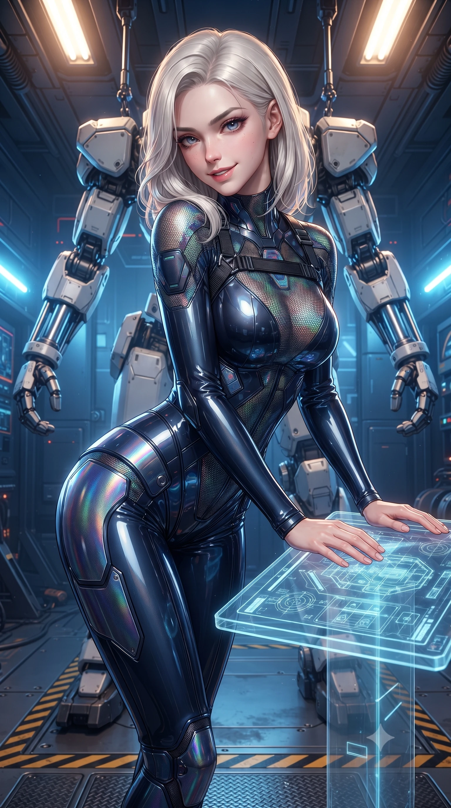 score_9, masterpiece, best quality, ultra-detailed, high-budget anime keyframe, editorial fashion photography, tasteful artistic composition, Caucasian woman. close-up cowboy shot from the waist and thighs up, the character dominates the composition, filling the frame with her large presence. resting both hands lightly on the holoscreen pedestal while leaning toward the lens with a teasing smirk, her tight combat suit hugging her narrow waist and feminine hip curve while perching on the arm of a colossal suspended humanoid mech frame, arching her lower back with a playful, confident smile and bedroom-eyes. The surrounding environment is rendered in vivid detail and crisp panoramic clarity: sharp hydraulic cylinder chrome rods, armored plating weld seams, and hazard stripe floor textures in deep focus. She has an exceptionally elegant, slender, and willowy female figure with an ultra-slim waist, flat toned midriff, narrow ribcage, and sculpted feminine hips creating an alluring, slim hourglass silhouette without bulk. sharp v-shaped jawline, high-bridge nose, intricate jewel-like sparkling eyes with depth, thick eyelashes, glossy parted lips with a natural sheen, bright confident smile with an enchanting and coquettish sensual glint, exuding both youthful magnetic charm and sovereign high-tech allure, flawlessly proportioned anatomical accuracy, strict slender model proportions, natural body alignment, perfectly sculpted long slender limbs, ultra-slim waistline, clean dynamic posture without body distortion. wearing a second-skin cybernetic stealth suit with active-camo optical mesh and sculpted carbon hip guards in midnight navy blue and holographic iridescent shimmer, tailored from ultra-reflective glossy liquid vinyl with mirror-like specular highlights, finished with criss-cross Kevlar tactical straps tracing her graceful shoulder blades, the form-fitting tactical tailoring adhering flawlessly to her sculpted flat midriff and slender torso, emphasizing her long leg lines and perfectly proportioned willowy build. bathed in high-intensity arc-welding blue light pulses contrasting with warm halogen overhead lamps. ultra-reflective glossy finish, specular highlights, rich textural contrasts, high-contrast stereoscopic depth, volumetric dynamic lighting, 2k, ultra detail, master piece, 9:16 ratio