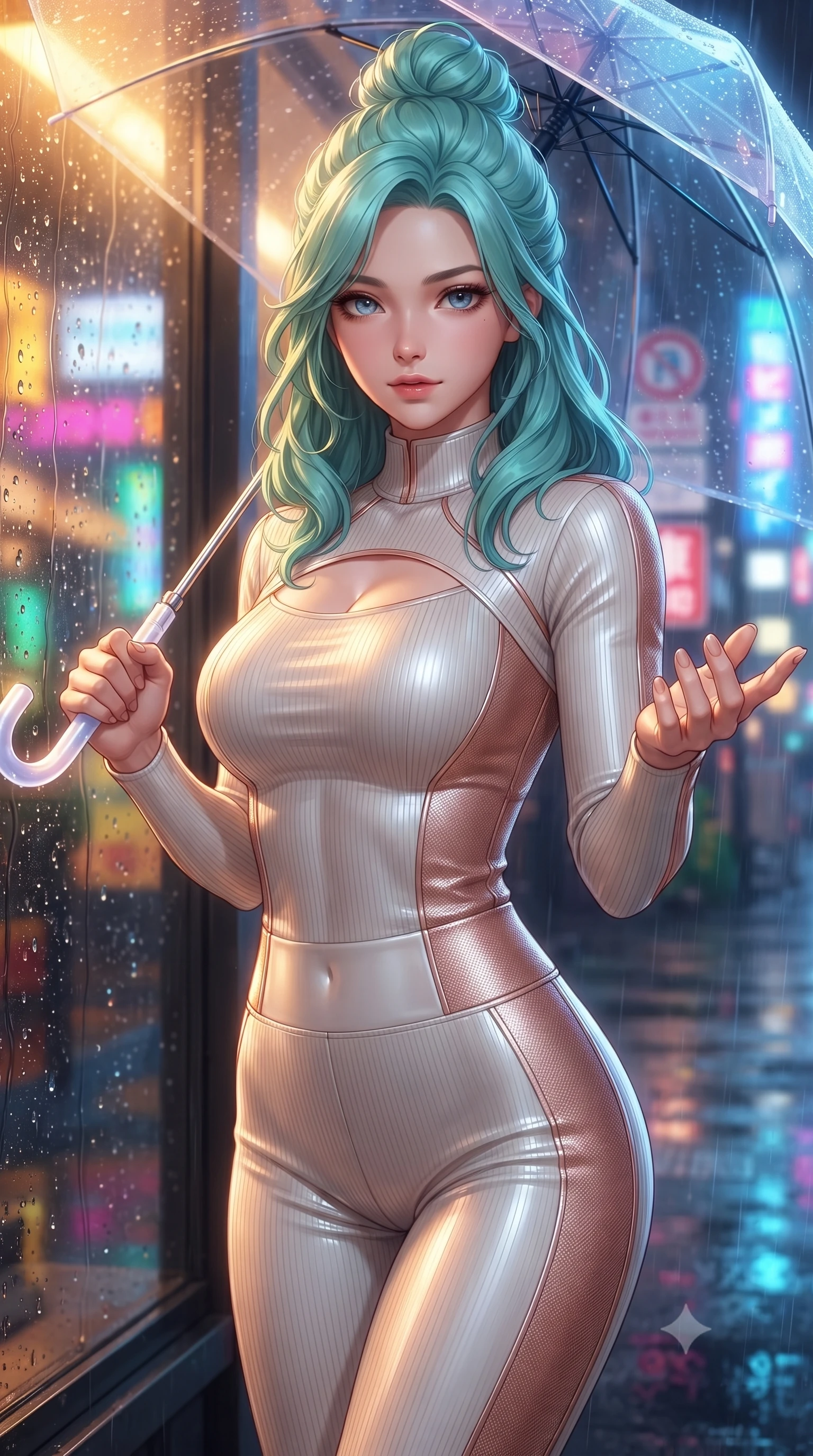 score_9, masterpiece, best quality, ultra-detailed, high-budget anime keyframe, editorial fashion photography, tasteful artistic composition, Japanese woman. close-up cowboy shot from the waist and thighs up, the character dominates the composition, filling the frame with her large presence, background elements kept in soft focus. Reaching one hand gracefully toward the viewer with effortless superiority and allure holding a glowing translucent umbrella under vibrant neon street signs at night, rain droplets glistening on the glass window with colorful neon reflections. She has an exceptionally elegant, slender, and willowy female figure with an ultra-slim waist, a gracefully sculpted slender torso, and a refined silhouette. sharp v-shaped jawline, high-bridge nose, intricate jewel-like eyes with depth, thick eyelashes, glossy lips with a natural sheen. wearing a form-fitting ribbed activewear set with collar cutouts in pearl white and rose gold, made of fine carbon-fiber weave and soft matte leather, accented with a Tasteful chest slit framing her clavicle gracefully, the elegant draped fit framing her graceful clavicle and slender torso. illuminated by warm indoor golden amber light and cool rainy blue neon rim light. highly saturated vibrant anime colors, detailed shading with soft gradients, rich glossy textures, high-contrast stereoscopic depth, volumetric dynamic lighting, master piece, 9:16 ratio