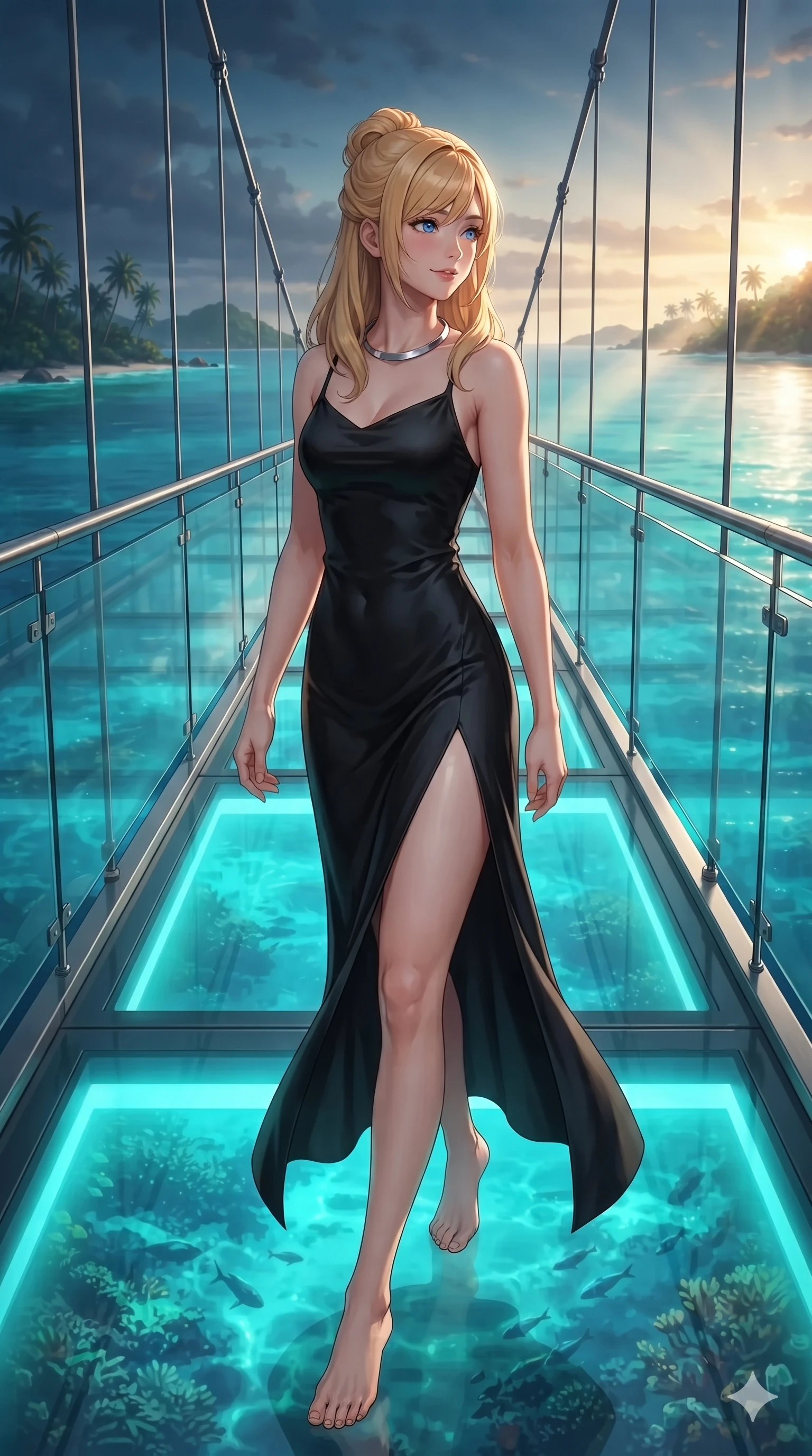 score_9, masterpiece, best quality, ultra-detailed, high-budget anime keyframe, editorial fashion photography, tasteful artistic composition, Caucasian woman. low angle full-body shot from head to toe showing her feet, filling the entire 9:16 vertical frame with her statuesque presence, stretching her vertical silhouette. reclining on her side in an elegant Cleopatra pose with one knee drawn up, the dramatic contour of her rounded hips and long slender legs commanding the 9:16 vertical frame while walking slowly along the suspended glass-bottom bridge, looking back over her shoulder with an air of effortless grace and an alluring, smoldering smile as glowing turquoise water rushes below. The surrounding environment is rendered in vivid detail and crisp panoramic clarity: sharp glass floor structural joints, high-velocity water froth speculars, and stainless steel support cable bevels in deep focus. She has an exceptionally tall and slender model-like 8.5-heads proportion, an ultra-slim waist, a flat toned midriff, narrow delicate ribcage, and beautifully sculpted feminine hips creating a graceful, slim hourglass silhouette without any bulky heaviness, with impossibly long slender legs. sharp v-shaped jawline, high-bridge nose, intricate jewel-like sparkling eyes with depth, thick eyelashes, glossy parted lips with a natural sheen, intensely captivating and seductive bedroom-eyes expression, exuding both youthful cute charm and sovereign luxury allure, flawlessly proportioned anatomical accuracy, strict slender model proportions, natural body alignment, perfectly sculpted long slender limbs, ultra-slim waistline, clean dynamic posture without body distortion. wearing an alluring high-slit wrap cheongsam secured by miniature jeweled clasps and revealing the curve of her hip in black lacquer and vibrant magenta neon, crafted from stretch micro-mesh with liquid foil coating that shimmers with every movement, finished with a minimalist chrome choker and a single teardrop diamond pendant, the liquid-tight tailored fabric clinging flawlessly to her narrow waist and rounded feminine hips, emphasizing every millimeter of her sculpted slim hourglass curves without any bulky heaviness. bathed in the vibrant underwater turquoise illumination filtering through the glass floor mixed with warm overhead starlight. ultra-reflective glossy finish, specular highlights, rich textural contrasts, high-contrast stereoscopic depth, volumetric dynamic lighting, 2k, ultra detail, master piece, 9:16 ratio