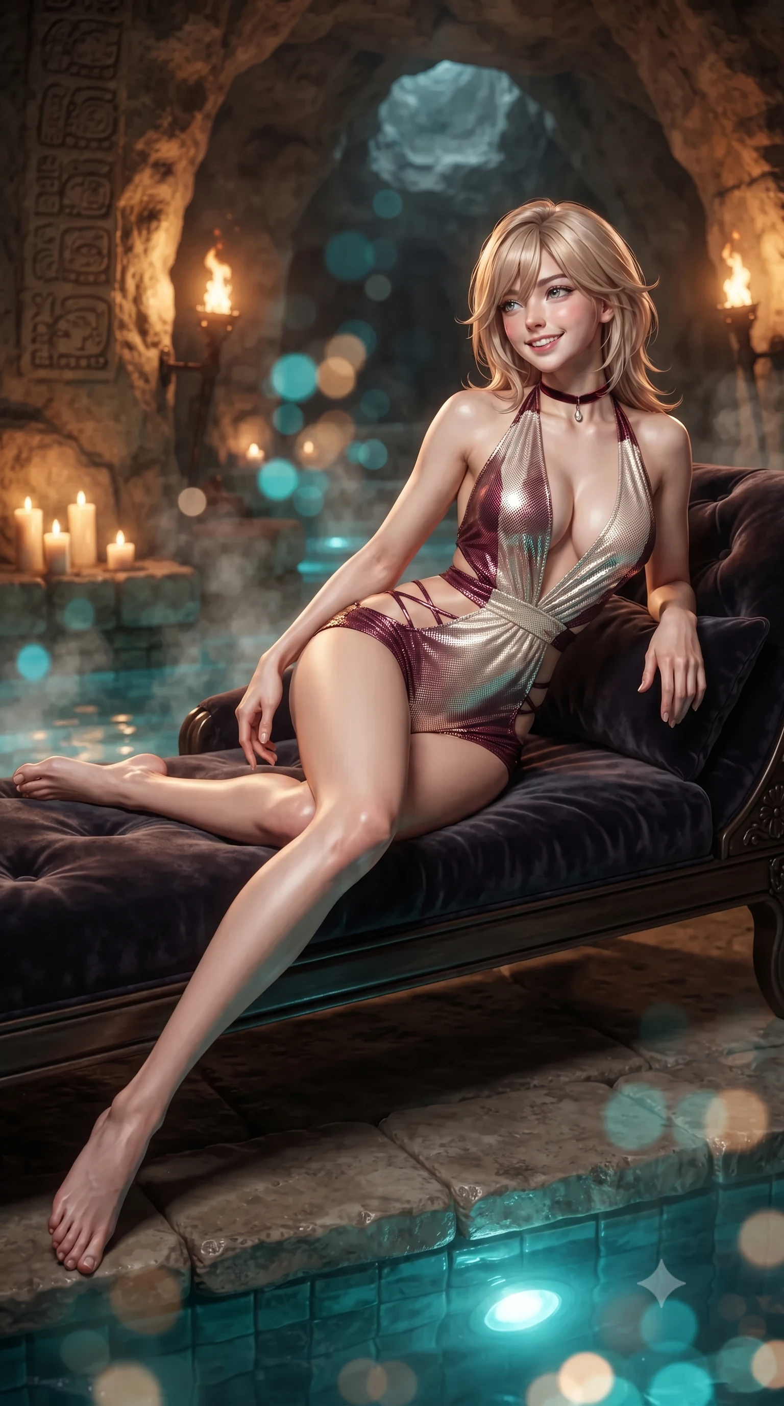 score_9, masterpiece, best quality, ultra-detailed, high-budget anime keyframe, editorial fashion photography, tasteful artistic composition, Japanese woman. low angle full-body shot from head to toe showing her feet, filling the entire 9:16 vertical frame with her statuesque presence, stretching her vertical silhouette. reclining gracefully across the plush chaise lounge with one leg extended, her sculpted silhouette and flat midriff radiating magnetic nocturnal glamour while twisting her slender torso in an alluring contrapposto stance beside the candlelit stone bench, warm amber torchlight tracing her narrow waist and curvy hips. The background shows a soft-focus natural vaulted limestone cave ceilings with carved Mayan glyphs, flickering candles on stone ledges, and fragrant rising steam blurred into turquoise, amber, and cream bokeh. She has an exceptionally tall and slender model-like 8.5-heads proportion, an ultra-slim waist, a flat toned midriff, narrow delicate ribcage, and beautifully sculpted feminine hips creating a graceful, slim hourglass silhouette without any bulky heaviness, with impossibly long slender legs. sharp v-shaped jawline, high-bridge nose, intricate jewel-like sparkling eyes with depth, thick eyelashes, glossy parted lips with a natural peach sheen, bright cheerful beaming smile with an enchanting and coquettish sensual glint, exuding both youthful cute charm and seductive allure, flawlessly proportioned anatomical accuracy, strict slender model proportions, natural body alignment, perfectly sculpted long slender limbs, ultra-slim waistline, clean dynamic posture without body distortion. wearing a daring low-cut halterneck romper with exposed midriff and strappy hip cutouts in Belvedere ivory pearl and Habsburg bordeaux wine, crafted from stretch micro-mesh with liquid foil coating that shimmers with every movement, finished with a thin velvet ribbon choker and a single teardrop diamond pendant, the impeccably tailored cut draping gracefully along her slender figure with aristocratic poise. bathed in underwater pool turquoise LEDs combined with hundreds of warm 2200K wax candle flames lining cave niches. ultra-reflective glossy finish, specular highlights, rich textural contrasts, high-contrast stereoscopic depth, volumetric dynamic lighting, 2k, ultra detail, master piece, 9:16 ratio