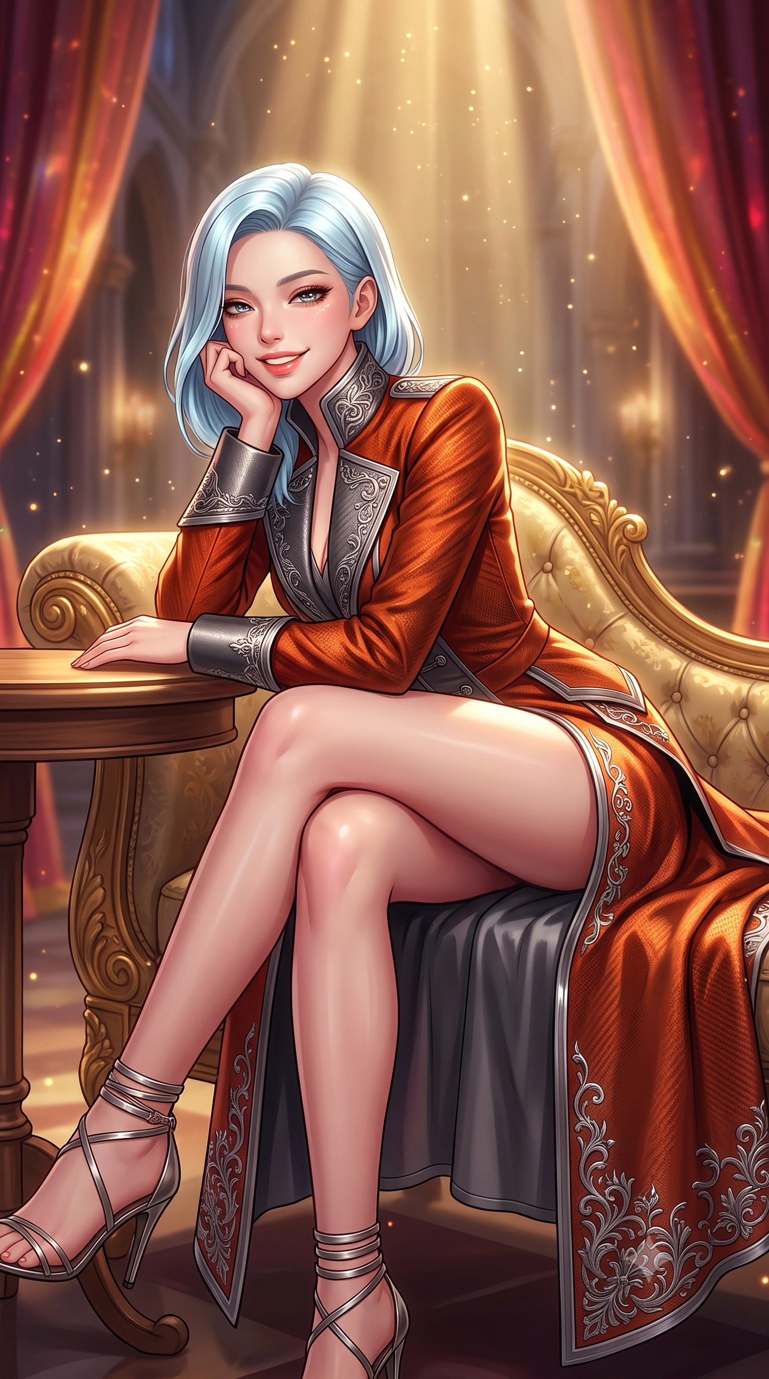score_9, masterpiece, best quality, ultra-detailed, high-budget anime keyframe, semi-realistic 3D game render, editorial fashion photography, tasteful artistic composition, Korean woman. close-up cowboy shot from the waist and thighs up, the character dominates the composition, filling the frame with her large presence. resting one elbow on the table and supporting her chin, leaning close to the camera with heavy-lidded sparkling eyes and parted lips while lounging gracefully across the antique gilded chaise propped on one elbow with legs extended, displaying her long slender limbs and statuesque hourglass silhouette with regal anime flair. The background shows a soft-focus golden dust motes shimmering in spotlight beams softened in grand star-fortress cathedral shallow focus. She has an exceptionally elegant, slender, and willowy female figure with an ultra-slim waist, flat toned midriff, narrow ribcage, and sculpted feminine hips creating an alluring, slim hourglass silhouette without bulk. sharp v-shaped jawline, high-bridge nose, intricate jewel-like sparkling eyes with depth, thick eyelashes, glossy parted lips with a natural peach sheen, bright cheerful beaming smile with an enchanting and coquettish sensual glint, exuding both youthful cute charm and seductive allure, flawlessly proportioned anatomical accuracy, strict slender model proportions, natural body alignment, perfectly sculpted long slender limbs, ultra-slim waistline, clean dynamic posture without body distortion. wearing an aristocratic deep-space admiral longcoat with silver filigree embroidery along the hem and high structured collar in volcanic ember orange and brushed gunmetal, woven from structured carbon-fiber jacquard with rich textural depth, complemented by strappy stiletto sandals with metallic ankle wraps accentuating her slender calves, the bespoke structured tailoring following the natural line of her 8.5-heads silhouette with refined elegance. bathed in warm 2600K golden spotlight radiance combined with ruby and amber holographic curtain glow. highly saturated vibrant anime colors, detailed shading with soft gradients, rich glossy textures, high-contrast stereoscopic depth, volumetric dynamic lighting, master piece, 9:16 ratio