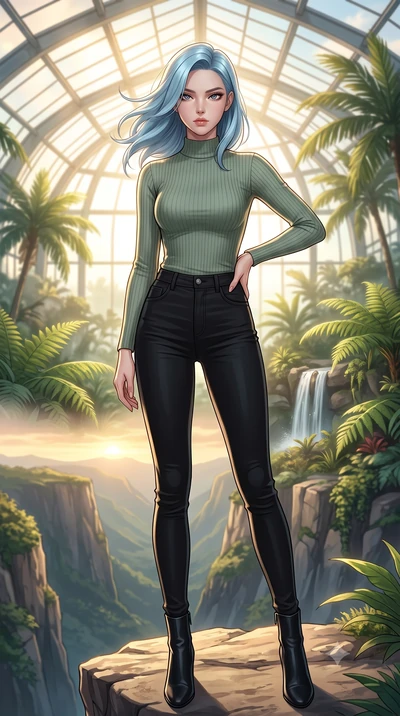 score_9, masterpiece, best quality, ultra-detailed, high-budget anime keyframe, editorial fashion photography, tasteful artistic composition, Korean woman woman. low angle full-body shot from head to toe showing her feet, filling the entire 9:16 vert