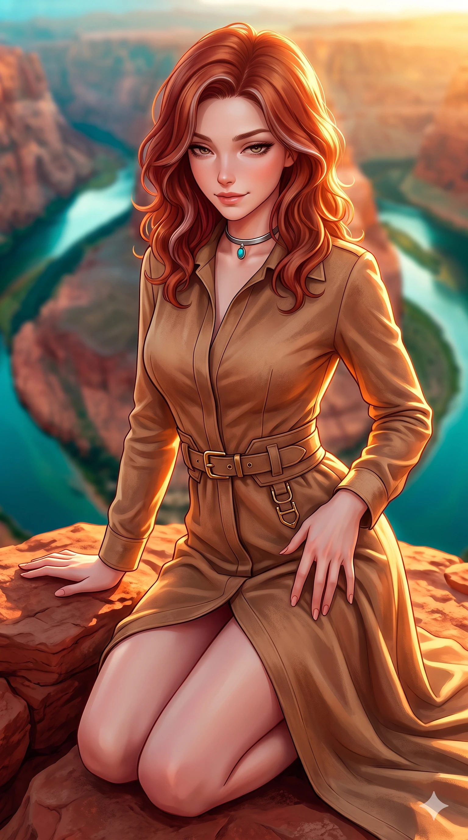 score_9, masterpiece, best quality, ultra-detailed, high-budget anime keyframe, semi-realistic 3D game render, editorial fashion photography, tasteful artistic composition, Caucasian woman. close-up cowboy shot from the waist and thighs up, the character dominates the composition, filling the frame with her large presence. tilting her head with a teasing half-smile, running one hand slowly down the side of her hip in a flirtatious S-curve as ambient light caresses her silhouette while kneeling gracefully on the warm red sandstone outcrop, one hand resting on the stone while gazing down into the emerald canyon waters with alluring bedroom-eyes. The background shows a soft-focus the famous 270-degree curve of the emerald green Colorado River and red rock cliffs blurred into turquoise, terracotta, and gold bokeh. She has an exceptionally elegant, slender, and willowy female figure with an ultra-slim waist, flat toned midriff, narrow ribcage, and sculpted feminine hips creating an alluring, slim hourglass silhouette without bulk. sharp v-shaped jawline, high-bridge nose, sparkling eyes with hypnotic seductive depth, thick curled eyelashes, glossy parted lips with a natural dewy peach sheen, alluring bedroom-eyes with an enchanting coquettish smile, exuding magnetic siren charisma and sophisticated glamour, flawlessly proportioned anatomical accuracy, strict slender model proportions, natural body alignment, perfectly sculpted long slender limbs, ultra-slim waistline, clean dynamic posture without body distortion. wearing a refined long-sleeve desert safari trench dress with structured waist belt and brass buckle hardware in high-contrast coastal monochrome with gold hardware, crafted from supple double-faced desert suede with an exceptionally soft matte finish, finished with a minimalist chrome choker and a single turquoise stone pendant, the impeccably tailored cut draping gracefully along her slender figure with aristocratic western poise. bathed in the blinding, warm 2200K golden-hour rays of the setting sun casting brilliant specular highlights along her silhouette. highly saturated vibrant anime colors, detailed shading with soft gradients, rich glossy textures, high-contrast stereoscopic depth, volumetric dynamic lighting, master piece, 9:16 ratio