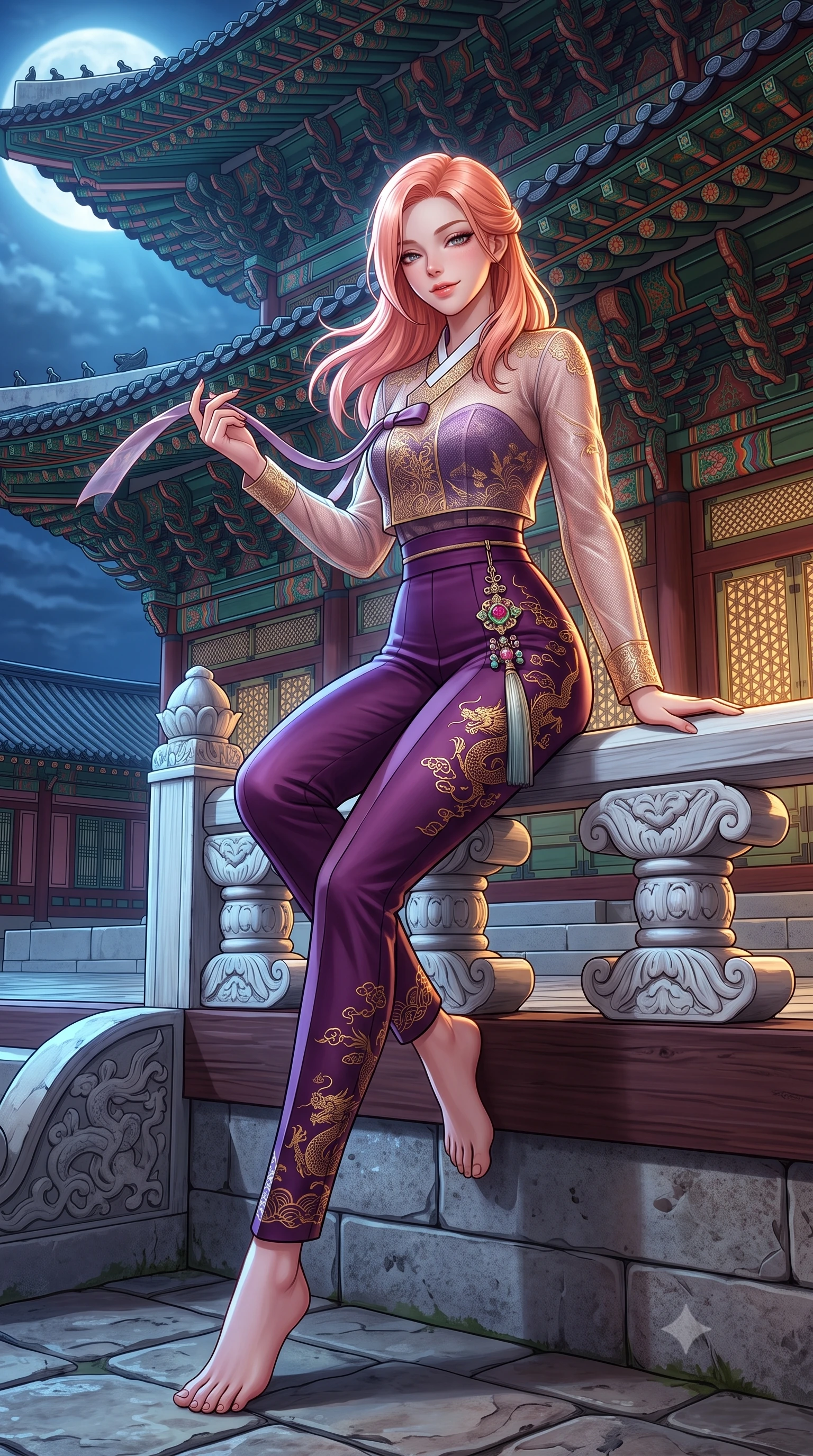 score_9, masterpiece, best quality, ultra-detailed, high-budget anime keyframe, semi-realistic 3D game render, editorial fashion photography, tasteful artistic composition, Japanese woman. low angle full-body shot from head to toe showing her feet, filling the entire 9:16 vertical frame with her statuesque presence, stretching her vertical silhouette. sitting perched on the elevated pavilion terrace edge with legs crossed and hips angled toward the camera, displaying her toned midriff and long slender limbs with joyful, coquettish charm while leaning against the carved white wooden bridge railing with hips cocked back, looking over her shoulder with an alluring, moonlit smile. The surrounding environment is rendered in vivid detail and crisp panoramic clarity: detailed sheer jeogori silk weave, delicate norigae jewelry sparkle, and Joseon royal palace architecture in razor-sharp precision. She has an absolutely perfect, statuesque 8.5-heads proportion, an exceptionally tall and slender model-like female figure with impossibly long slender legs, an ultra-slim waist, a flat toned midriff, narrow delicate ribcage, and beautifully sculpted feminine hips creating a graceful, slim hourglass silhouette without any bulky heaviness. sharp v-shaped jawline, high-bridge nose, intricate jewel-like dark sparkling almond eyes with depth, thick lashes, glossy parted lips with a natural rose-plum sheen, bright alluring and coquettish smile with bedroom-eyes, exuding both timeless oriental elegance and sovereign high-fashion allure, flawlessly proportioned anatomical accuracy, strict slender model proportions, natural body alignment, perfectly sculpted long slender limbs, ultra-slim waistline, clean dynamic posture without body distortion. wearing a sheer technical mesh and silk hanbok blouse worn over a sculpted sweetheart bustier with high-waisted tailored silk trousers in rich plum violet and gilded bronze embroidery, made of rich jacquard silk with intricate embossed dragon and cloud motifs, accented with flowing gossamer silk ribbons that flutter dynamically in the evening breeze, the glove-like silhouette tightly following the natural contour of her hips and long slender legs with youthful 8.5-heads elegance. illuminated by full moon celestial rays and sharp warm-gold rim lights defining her sculpted collarbones, ultra-slim waist, and curvy hips. highly saturated vibrant anime colors, detailed shading with soft gradients, rich glossy textures, high-contrast stereoscopic depth, volumetric dynamic lighting, master piece, 9:16 ratio