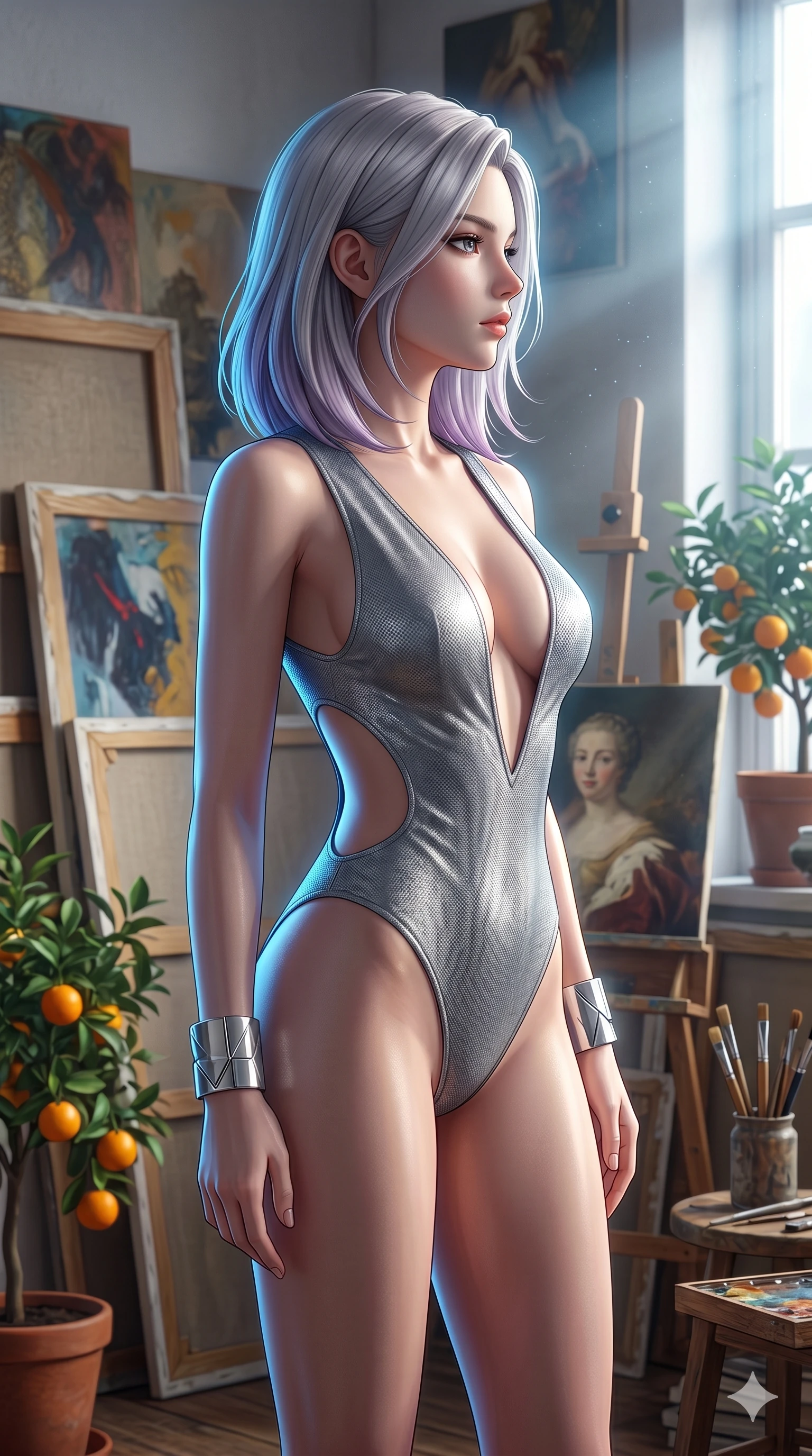 score_9, masterpiece, best quality, ultra-detailed, high-budget anime keyframe, editorial fashion photography, tasteful artistic composition, Caucasian woman, strictly human ears. cowboy shot from the thighs up, character and outfit filling the frame for maximum editorial presence. standing tall, her face turned in profile to catch the wind inside an art studio filled with oil canvases and potted orange trees (Code-P18-125). She has an absolutely perfect 8-heads proportion, an exceptionally tall and slender female figure with impossibly long slender legs and an ultra-slim waist. V-shaped jawline, high-bridge nose, intricate jewel-like eyes with depth, thick eyelashes, glossy lips with a natural sheen. wearing a skin-tight leotard with plunging neck and side cutouts. bright cinematic volumetric lighting with a cool blue rim light tracing her contours. 2k, ultra detail, master piece, 9:16 ratio