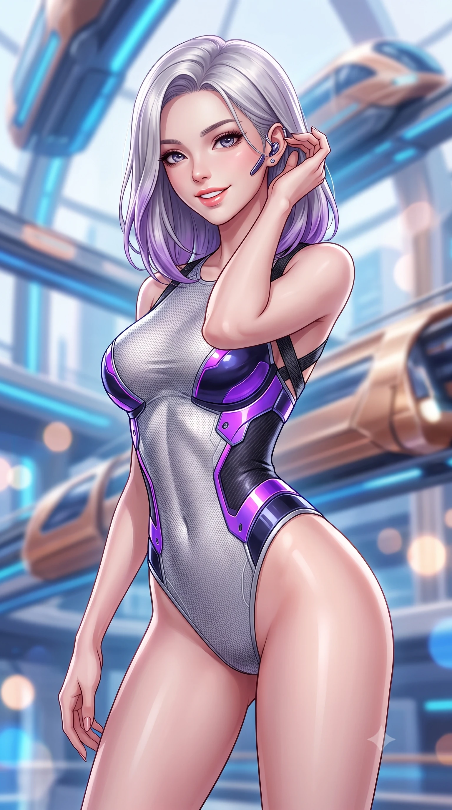 score_9, masterpiece, best quality, ultra-detailed, high-budget anime keyframe, semi-realistic 3D game render, editorial fashion photography, tasteful artistic composition, Caucasian woman. close-up cowboy shot from the waist and thighs up, the character dominates the composition, filling the frame with her large presence. tilting her head with a captivating smile while arching her spine with dancer poise, one hand adjusting her ear comm-link in a flirtatious S-curve while twisting her slender torso in an alluring S-curve in the rush of air, her aerodynamic combat suit hugging her narrow waist and curvy hips. The background shows a soft-focus multi-tiered magnetic rail tracks and soaring aerodynamic transit pods blurred into electric blue, copper, and champagne bokeh. She has an exceptionally elegant, slender, and willowy female figure with an ultra-slim waist, flat toned midriff, narrow ribcage, and sculpted feminine hips creating an alluring, slim hourglass silhouette without bulk. sharp v-shaped jawline, high-bridge nose, intricate jewel-like sparkling eyes with depth, thick eyelashes, glossy parted lips with a natural sheen, bright confident smile with an enchanting and coquettish sensual glint, exuding both youthful magnetic charm and sovereign high-tech allure, flawlessly proportioned anatomical accuracy, strict slender model proportions, natural body alignment, perfectly sculpted long slender limbs, ultra-slim waistline, clean dynamic posture without body distortion. wearing a form-contouring delicate silver nano-mesh bodysuit with strategically placed chrome armor plate guards covering key curves in neon electric violet and deep space obsidian, crafted from lightweight aerodynamic matte carbon-fiber weave with structural stiffness, finished with criss-cross Kevlar tactical straps tracing her graceful shoulder blades, the high-waisted tailoring accentuating her ultra-slim waistline and the enchanting curve of her feminine hips with alluring dark charm. bathed in bright architectural white and soft electric blue transit terminal ambient fill. highly saturated vibrant anime colors, detailed shading with soft gradients, rich glossy textures, high-contrast stereoscopic depth, volumetric dynamic lighting, master piece, 9:16 ratio