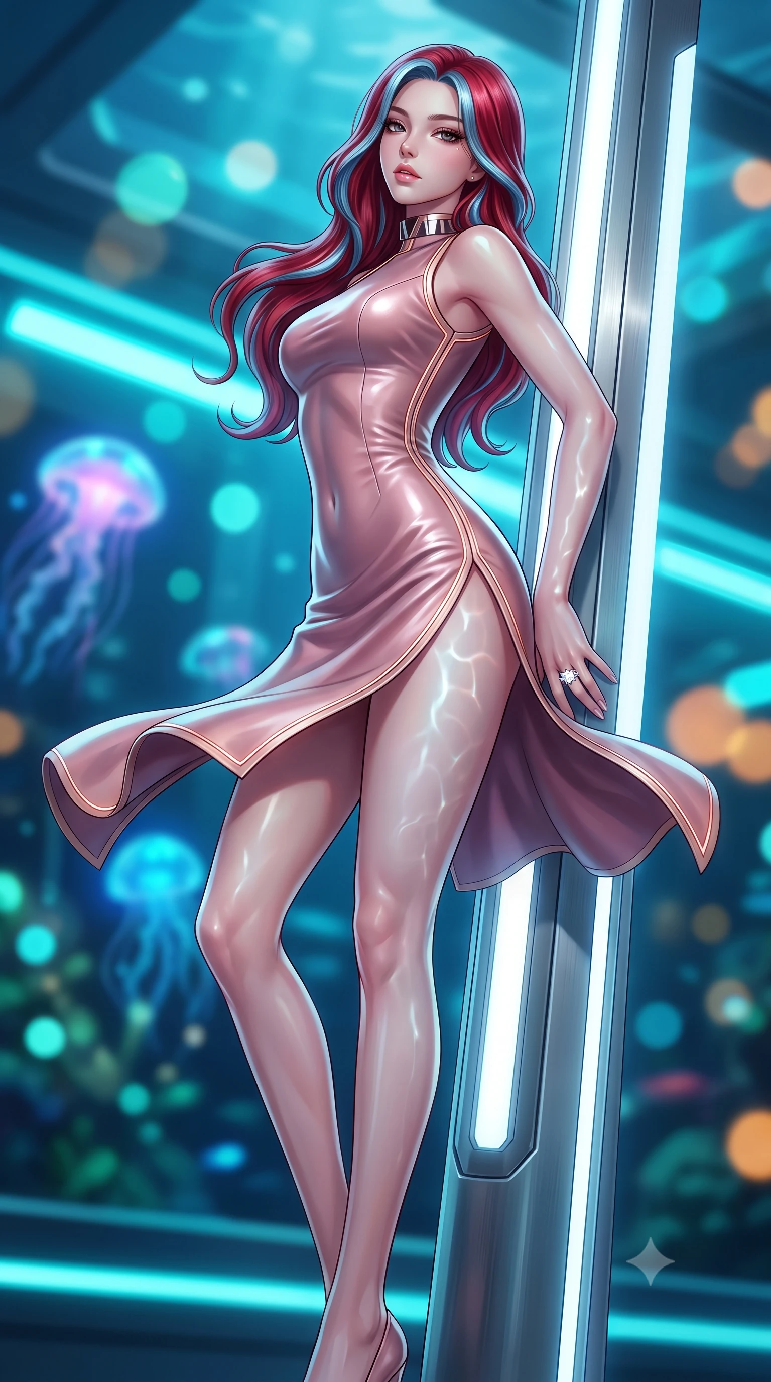 score_9, masterpiece, best quality, ultra-detailed, high-budget anime keyframe, semi-realistic 3D game render, editorial fashion photography, tasteful artistic composition, Caucasian woman. low angle full-body shot from head to toe showing her feet, filling the entire 9:16 vertical frame with her statuesque presence, stretching her vertical silhouette. executing an elegant mid-motion pivot turn as garments swirl around her slender limbs, glancing over her shoulder with an intoxicating bedroom-gaze while leaning back against an illuminated titanium departure totem with hips cocked, casting a cool, dangerous bedroom-gaze past arriving aerodynamic bullet pods. The composition keeps background elements in soft focus with creamy bokeh. bioluminescent deep-sea fauna and pulsing cyan track lights blurred into electric turquoise, sapphire, and amber bokeh through thick acrylic. She has an exceptionally tall and slender model-like 8.5-heads proportion, an ultra-slim waist, a flat toned midriff, narrow delicate ribcage, and beautifully sculpted feminine hips creating a graceful, slim hourglass silhouette without any bulky heaviness, with impossibly long slender legs. sharp v-shaped jawline, high-bridge nose, intricate jewel-like eyes with depth, thick eyelashes, glossy parted lips with a natural sheen, intensely captivating and seductive bedroom-eyes expression, flawlessly proportioned anatomical accuracy, strict slender model proportions, natural body alignment, perfectly sculpted long slender limbs, ultra-slim waistline, clean dynamic posture without body distortion. wearing a modernized cyber-qipao mini dress with an ultra-high side slit ascending to the hip and glowing piping in dusky blush rose and champagne shimmer, formed from supple second-skin lambskin leather with specular sheen, complemented by a bold geometric choker and sparkling cocktail ring, the glove-like aerodynamic silhouette tightly following the natural contour of her hips and long slender legs with statuesque 8.5-heads elegance. illuminated by shimmering water caustic reflections accentuating her sculpted midriff, narrow waist, and curvy hips. highly saturated vibrant anime colors, detailed shading with soft gradients, rich glossy textures, high-contrast stereoscopic depth, volumetric dynamic lighting, master piece, 9:16 ratio