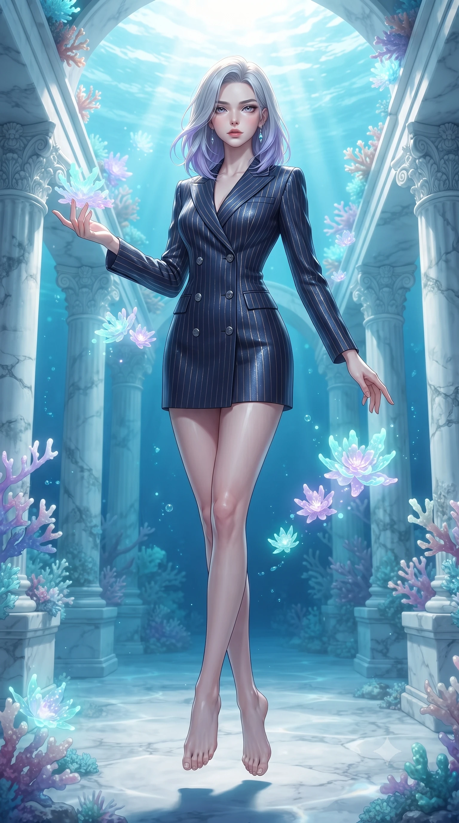 score_9, masterpiece, best quality, ultra-detailed, high-budget anime keyframe, editorial fashion photography, tasteful artistic composition, Caucasian woman. low angle full-body shot from head to toe showing her feet, filling the entire 9:16 vertical frame with her statuesque presence, stretching her vertical silhouette. interacting gracefully with the magical floating elements while maintaining a confident posture floating gracefully through a sunken white marble colonnade underwater, glowing coral blossoms emitting soft aqua and lavender light. She has an absolutely perfect, statuesque 8.5-heads proportion, an exceptionally tall and slender model-like female figure with impossibly long slender legs and an ultra-slim waist. sharp v-shaped jawline, high-bridge nose, intricate jewel-like eyes with depth, thick eyelashes, glossy lips with a natural sheen. wearing a tailored double-breasted blazer dress in navy with subtle metallic pin-stripes, the glove-like fit emphasizing her statuesque silhouette. lit by clear sun-drenched sea light with soft ethereal shadows. ultra-reflective glossy finish, specular highlights, metallic sheen, high-contrast stereoscopic depth, volumetric dynamic lighting, 2k, ultra detail, master piece, 9:16 ratio