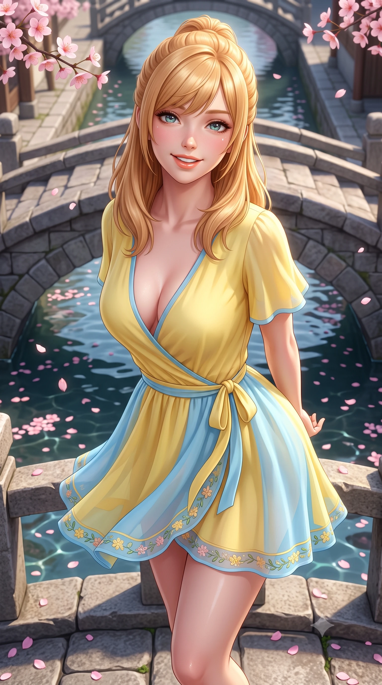 score_9, masterpiece, best quality, ultra-detailed, high-budget anime keyframe, semi-realistic 3D game render, editorial fashion photography, tasteful artistic composition, Caucasian woman. close-up cowboy shot from the waist and thighs up, the character dominates the composition, filling the frame with her large presence. resting both hands lightly behind her back while leaning toward the lens with a cheerful, teasing grin, her form-fitting outfit hugging her narrow waist and feminine hip curve while standing poised on a small arched stone footbridge, twisting her slender torso in an alluring contrapposto stance as pink petals drift on water. The surrounding environment is rendered in vivid detail and crisp panoramic clarity. sharp stone canal wall textures, water surface tension caustics with floating petals, and cherry blossom petal veins in deep focus. She has an exceptionally elegant, slender, and willowy female figure with an ultra-slim waist, flat toned midriff, narrow ribcage, and sculpted feminine hips creating an alluring, slim hourglass silhouette without bulk. sharp v-shaped jawline, high-bridge nose, intricate jewel-like sparkling eyes with depth, thick eyelashes, glossy parted lips with a natural peach sheen, bright cheerful beaming smile with an enchanting and coquettish sensual glint, exuding both youthful cute charm and seductive allure, flawlessly proportioned anatomical accuracy, strict slender model proportions, natural body alignment, perfectly sculpted long slender limbs, ultra-slim waistline, clean dynamic posture without body distortion. wearing a breezy wrap mini dress with a deep V-neckline and tie-waist accentuating her sculpted flat midriff and hips in sunny daffodil yellow and clear sky blue, tailored from fine lightweight chiffon that flutters gently in the breeze, complemented by delicate embroidered floral trim along the hem, the high-waisted tailoring accentuating her ultra-slim waistline and the enchanting curve of her feminine hips with alluring charm. illuminated by calm water reflections sharply sculpting her sculpted cheekbones, ultra-slim waist, and curvy hips. highly saturated vibrant anime colors, detailed shading with soft gradients, rich glossy textures, high-contrast stereoscopic depth, volumetric dynamic lighting, master piece, 9:16 ratio