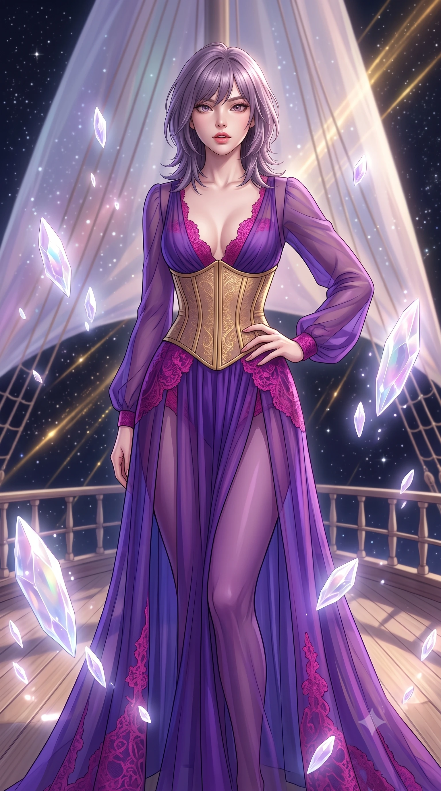 score_9, masterpiece, best quality, ultra-detailed, high-budget anime keyframe, editorial fashion photography, tasteful artistic composition, Japanese woman. close-up cowboy shot from the waist and thighs up, the character dominates the composition, filling the frame with her large presence, background elements kept in soft focus. Looking directly at the camera with a bold fearless expression and parted lips. set against a soft-focus background of the deck of a magnificent interstellar sailing vessel with enormous gossamer light-sails billowing with stellar wind cosmic rays visible as golden streaks against the star-filled void beyond the railings. She has an exceptionally elegant and slender, willowy female figure with an ultra-slim waist, a gracefully sculpted slender torso, and a refined slim physique. sharp v-shaped jawline, high-bridge nose, intricate jewel-like eyes with depth, thick eyelashes, glossy lips with a natural sheen. wearing a floor-length sheer gown in royal purple, featuring strategic fuchsia lace placement and a structured gold corset. ethereal pearlescent light emanating from floating crystalline formations all around. 2k, ultra detail, master piece, 9:16 ratio