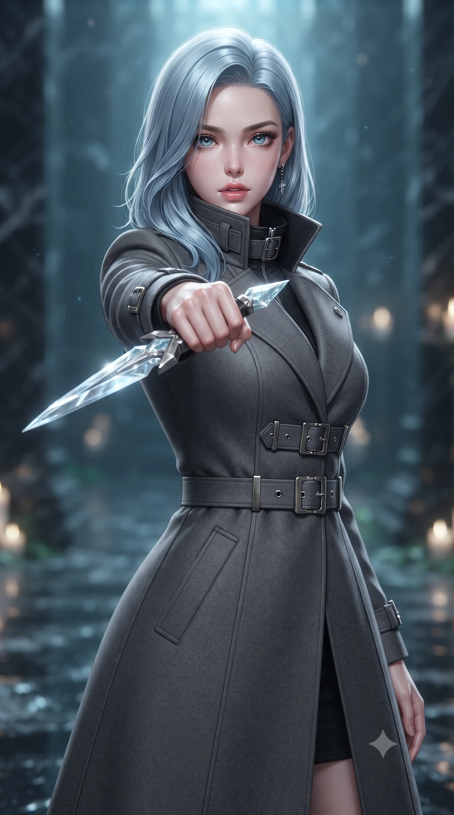 score_9, masterpiece, best quality, ultra-detailed, high-budget anime keyframe, editorial fashion photography, tasteful artistic composition, Korean woman. close-up cowboy shot from the waist and thighs up, the character dominates the composition, filling the frame with her large presence, background elements kept in soft focus. pointing a crystal-edged laser dagger forward in a defensive stance, tilting her chin up slightly with lips parted in a composed pose, the background shows a soft-focus an underwater trench temple built of black marble and pearl inlay. She has an exceptionally elegant, slender, and willowy female figure with an ultra-slim waist, a gracefully sculpted slender torso, and a refined silhouette. sharp v-shaped jawline, high-bridge nose, intricate jewel-like eyes with depth, thick eyelashes, glossy lips with a natural sheen. wearing a slim-fit tailored future military trench coat in charcoal grey, worn closed with heavy metallic buckles and high-collar lining. soft flickering light from glowing lichen reflecting off the wet marble walls. ultra-reflective glossy finish, specular highlights, metallic sheen, high-contrast stereoscopic depth, volumetric dynamic lighting, 2k, ultra detail, master piece, 9:16 ratio