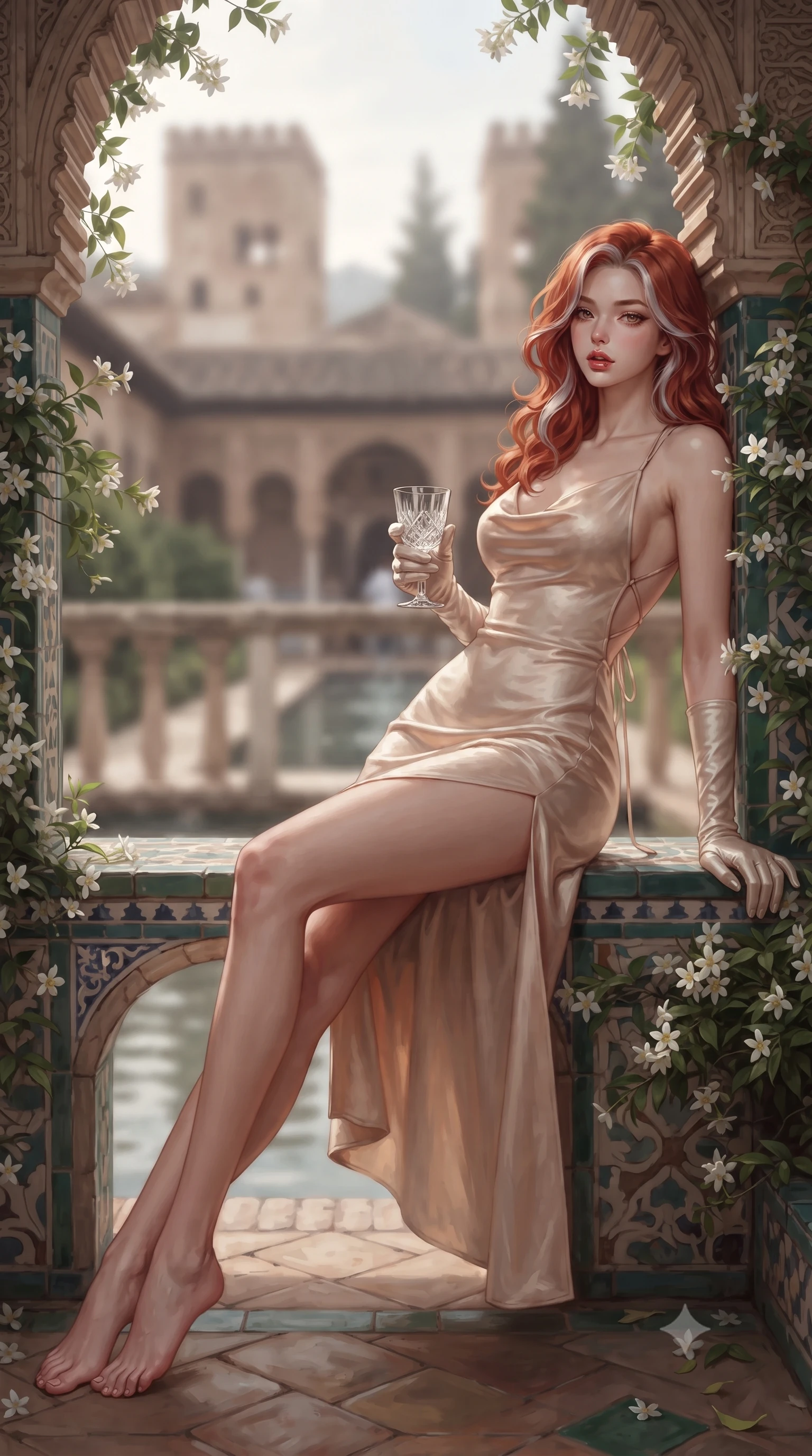 score_9, masterpiece, best quality, ultra-detailed, high-budget anime keyframe, editorial fashion photography, tasteful artistic composition, Caucasian woman. low angle full-body shot from head to toe showing her feet, filling the entire 9:16 vertical frame with her statuesque presence, stretching her vertical silhouette. leaning deep against the structural architecture with hips cocked in an unapologetically bold, seductive high-fashion stance while reclining languidly on a tiled bench surrounded by fragrant jasmine vines, her long slender legs and curvy hips framed by distant Alhambra towers. The composition keeps background elements in soft focus with creamy bokeh. gliding water channels in the stone balustrades softened in romantic Moorish shallow focus. She has an exceptionally tall and slender model-like 8.5-heads proportion, an ultra-slim waist, a flat toned midriff, narrow delicate ribcage, and beautifully sculpted feminine hips creating a graceful, slim hourglass silhouette without any bulky heaviness, with impossibly long slender legs. sharp v-shaped jawline, high-bridge nose, intricate jewel-like eyes with depth, thick eyelashes, glossy parted lips with a natural sheen, intensely captivating and seductive bedroom-eyes expression, flawlessly proportioned anatomical accuracy, strict slender model proportions, natural body alignment, perfectly sculpted long slender limbs, ultra-slim waistline, clean dynamic posture without body distortion. wearing a backless cowl-neck satin slip dress featuring high-cut side hip slits and delicate criss-cross back straps in vintage champagne ivory and delicate rose gold, formed from supple second-skin lambskin leather with specular sheen, accessorized with opera-length satin gloves and a vintage crystal glass, the precision-cut side openings and low-back scoop framing her graceful spine and the sensual sweep of her slim, toned hips. illuminated by cool water surface specular reflections sharply defining her razor-sharp jawline, narrow waist, and curvy hips. ultra-reflective glossy finish, specular highlights, rich textural contrasts, high-contrast stereoscopic depth, volumetric dynamic lighting, 2k, ultra detail, master piece, 9:16 ratio