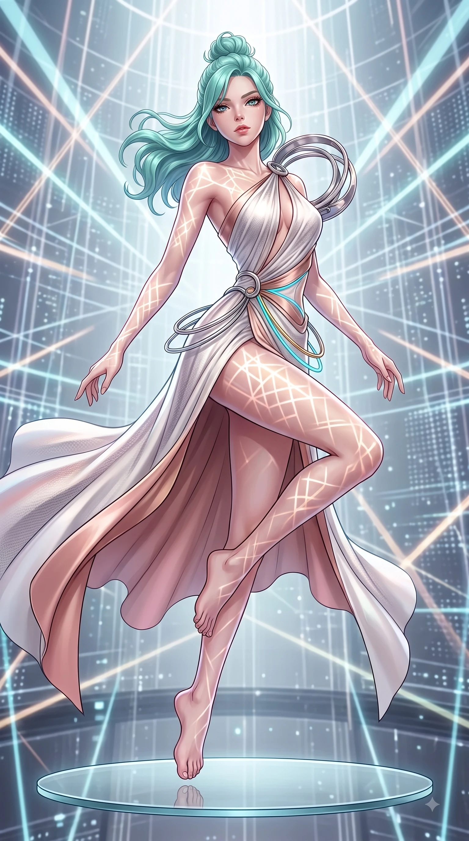score_9, masterpiece, best quality, ultra-detailed, high-budget anime keyframe, editorial fashion photography, tasteful artistic composition, Japanese woman. low angle full-body shot from head to toe showing her feet, filling the entire 9:16 vertical frame with her statuesque presence, stretching her vertical silhouette. leaping gracefully through mid-air with statuesque elegance, her impossibly long slender legs stretched in perfect balance while pivoting her torso in an S-curve alignment on a floating glass disk inside a light matrix, intricate geometric lattice patterns of light projected onto her skin and clothing. She has an absolutely perfect, statuesque 8.5-heads proportion, an exceptionally tall and slender model-like female figure with impossibly long slender legs and an ultra-slim waist. sharp v-shaped jawline, high-bridge nose, intricate jewel-like eyes with depth, thick eyelashes, glossy lips with a natural sheen, flawlessly proportioned anatomical accuracy, natural body alignment, perfectly sculpted elegant limbs, clean dynamic posture without body distortion. wearing an asymmetrical Grecian draped chiffon gown with a metallic shoulder ring in pearl white and rose gold, made of fine carbon-fiber weave and soft matte leather, accented with delicate chrome ring hardware framing her waist, the elegant draped fit framing her graceful clavicle and slender torso. illuminated by the brilliant glow of cyan and gold luminescent plasma threads. highly saturated vibrant anime colors, detailed shading with soft gradients, rich glossy textures, high-contrast stereoscopic depth, volumetric dynamic lighting, master piece, 9:16 ratio