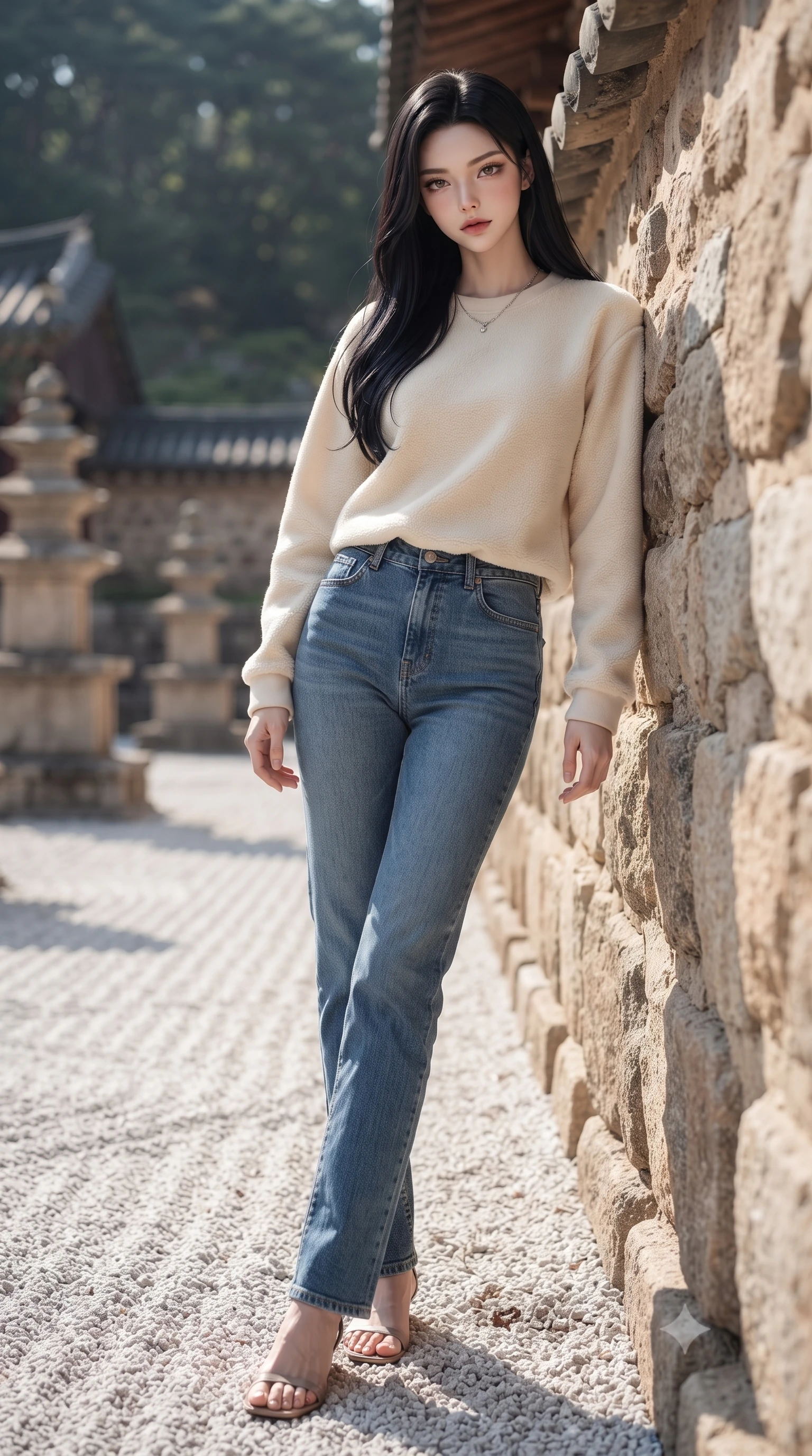 score_9, masterpiece, best quality, ultra-detailed, high-budget anime keyframe, editorial fashion photography, tasteful artistic composition, Korean woman. low angle full-body shot from head to toe showing her feet, filling the entire 9:16 vertical frame with her statuesque presence, stretching her vertical silhouette. leaning back against a rustic stone wall, casting a slow, alluring gaze at the camera the background shows a soft-focus a quiet courtyard of an old temple with raked white gravel and stone pagodas. She has an absolutely perfect, statuesque 8.5-heads proportion, an exceptionally tall and slender model-like female figure with impossibly long slender legs and an ultra-slim waist. sharp v-shaped jawline, high-bridge nose, intricate jewel-like eyes with depth, thick eyelashes, glossy lips with a natural sheen. wearing a tailored comfortable cream fleece sweater over blue denim jeans. crisp morning sunlight casting sharp, clean shadows across the gravel. ultra-reflective glossy finish, specular highlights, metallic sheen, high-contrast stereoscopic depth, volumetric dynamic lighting, 2k, ultra detail, master piece, 9:16 ratio