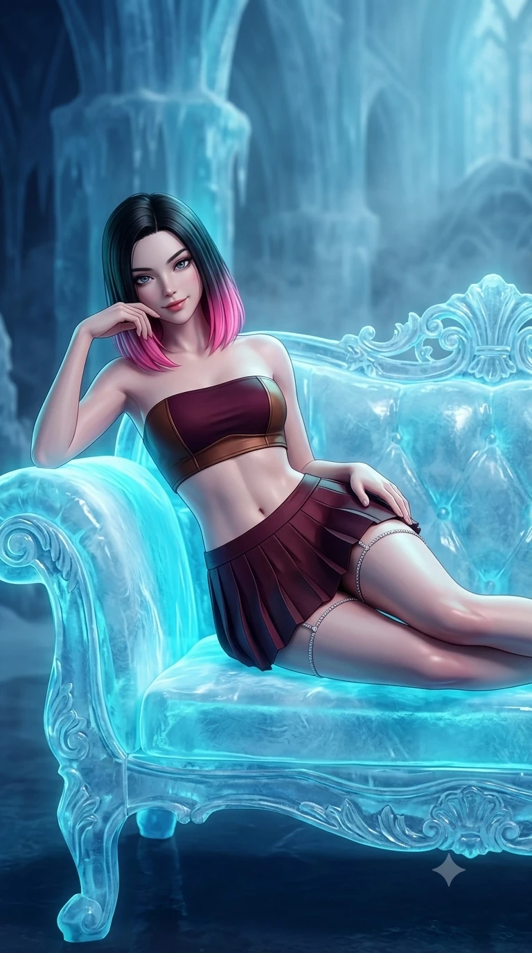 score_9, masterpiece, best quality, ultra-detailed, high-budget anime keyframe, semi-realistic 3D game render, editorial fashion photography, tasteful artistic composition, Korean woman. close-up cowboy shot from the waist and thighs up, the character dominates the composition, filling the frame with her large presence. tilting her head with a teasing half-smile, running one hand slowly down the side of her hip in a flirtatious S-curve as ambient light caresses her silhouette while lounging gracefully across the carved ice settee propped on one elbow with legs extended, displaying her long slender limbs and statuesque hourglass silhouette with regal anime flair. The background shows a soft-focus frosty aria breath mist softened in glacial opera house cathedral shallow focus. She has an exceptionally elegant, slender, and willowy female figure with an ultra-slim waist, flat toned midriff, narrow ribcage, and sculpted feminine hips creating an alluring, slim hourglass silhouette without bulk. sharp v-shaped jawline, high-bridge nose, intricate jewel-like sparkling eyes with depth, thick eyelashes, glossy parted lips with a natural peach sheen, bright cheerful beaming smile with an enchanting and coquettish sensual glint, exuding both youthful cute charm and seductive allure, flawlessly proportioned anatomical accuracy, strict slender model proportions, natural body alignment, perfectly sculpted long slender limbs, ultra-slim waistline, clean dynamic posture without body distortion. wearing an ultra-cropped fitted bandeau top paired with a micro mini tennis skirt revealing her flat toned midriff in deep burgundy and bronze accents, crafted from bespoke double-faced cashmere with an exceptionally soft tactile finish, finished with delicate crystal-encrusted thigh garter straps glinting in the dim light, the liquid-tight tailored fabric clinging flawlessly to her narrow waist and rounded feminine hips, emphasizing every millimeter of her sculpted slim hourglass curves without any bulky heaviness. bathed in high-contrast cyan neon aria pulses contrasted with deep velvety indigo stage shadows. highly saturated vibrant anime colors, detailed shading with soft gradients, rich glossy textures, high-contrast stereoscopic depth, volumetric dynamic lighting, master piece, 9:16 ratio