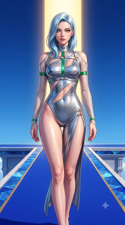 score_9, masterpiece, best quality, ultra-detailed, high-budget anime keyframe, semi-realistic 3D game render, editorial fashion photography, tasteful artistic composition, Korean woman. close-up cowboy shot from the waist and thighs up, the characte