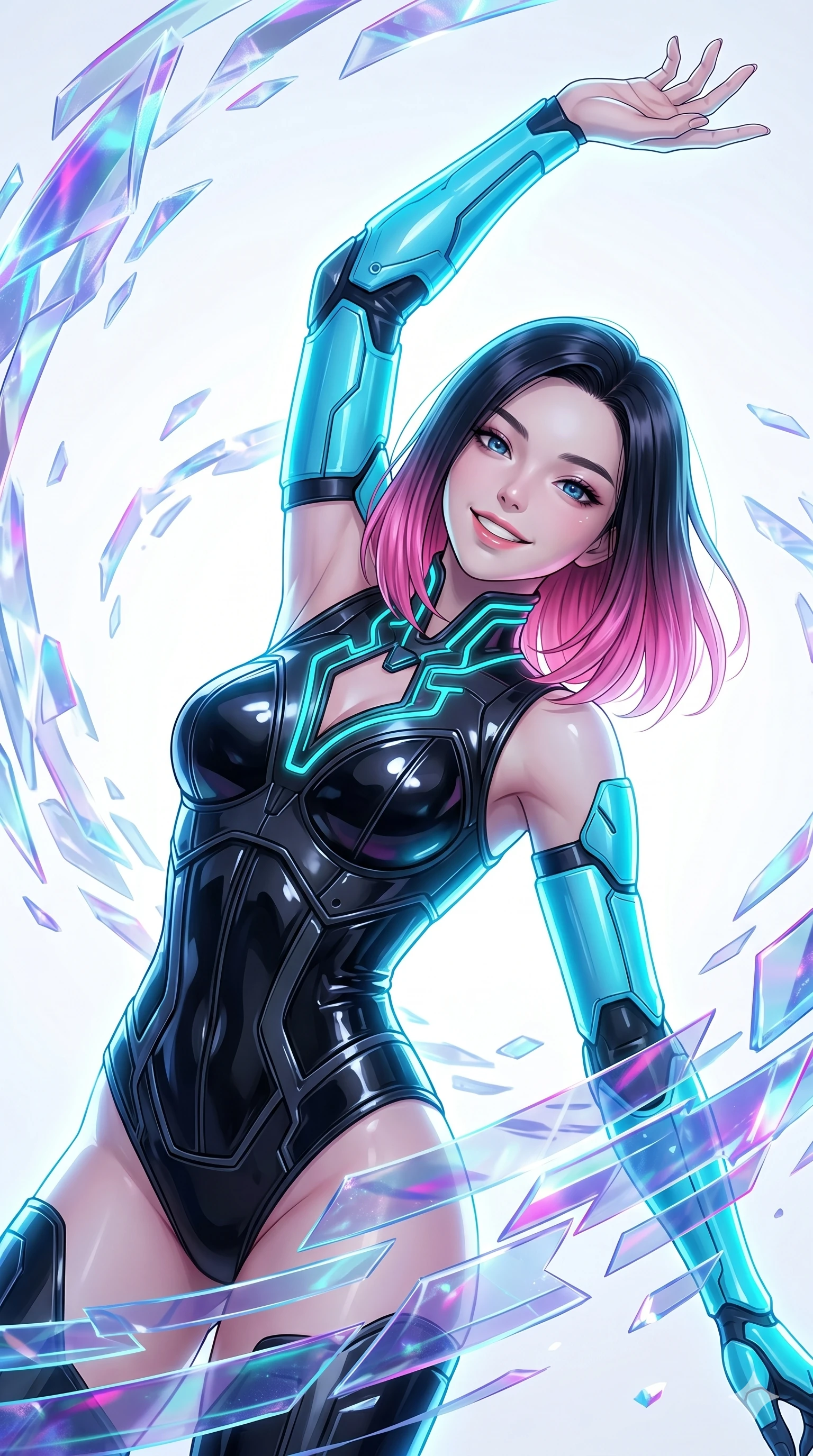 score_9, masterpiece, best quality, ultra-detailed, high-budget anime keyframe, editorial fashion photography, tasteful artistic composition, Korean woman. Upper body close-up from the thighs up, character filling the screen for maximum presence. She is leaning back with a confident, expressive smile amidst swirling holographic data shards in a brilliant white digital void. She stretches one arm overhead in a dynamic, fluid motion. She has an absolutely perfect 8-heads proportion, a tall and elegant figure with a refined silhouette and a defined waistline. V-shaped jawline, high-bridge nose, intricate jewel-like eyes with depth, thick eyelashes, glossy lips with a natural sheen. She is wearing a structured cybernetic bodice in glossy vinyl panels, paired with detached sleeves and a refined V-neckline detailed with glowing piping. The scene is illuminated by stark white key lights and a neon cyan rim light tracing her silhouette. 2k, ultra detail, master piece, 9:16 ratio