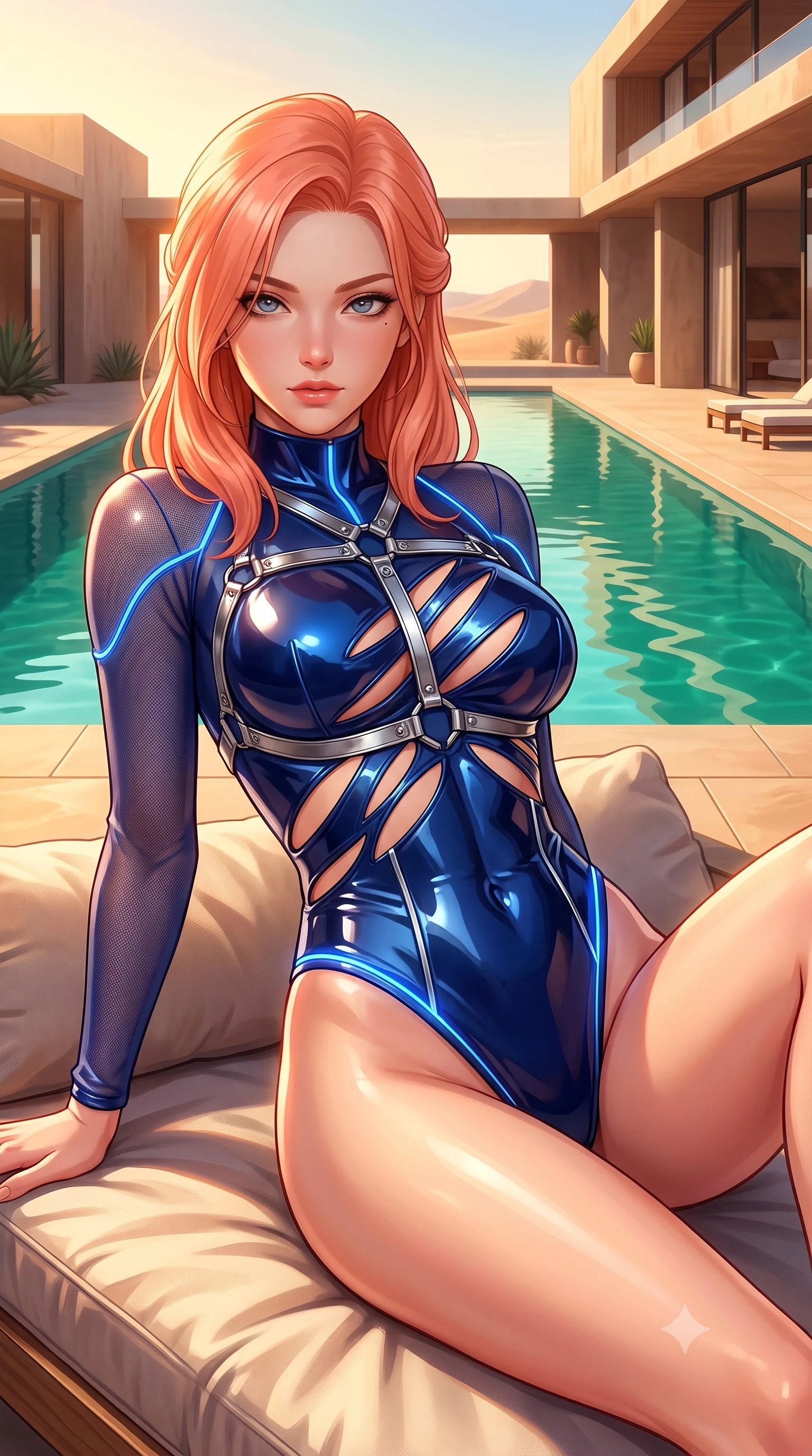 score_9, masterpiece, best quality, ultra-detailed, high-budget anime keyframe, semi-realistic 3D game render, editorial fashion photography, tasteful artistic composition, Japanese woman. close-up cowboy shot from the waist and thighs up, the character dominates the composition, filling the frame with her large presence. gazing directly into the lens with bedroom eyes and a breathtaking, dangerous allure that commands the entire composition while reclining on a plush sunbed beside an emerald oasis pool flanked by modern desert villa architecture at golden hour. The surrounding environment is rendered in vivid detail and crisp panoramic clarity. vibrant high-contrast warm lighting and exotic desert luxury design rendered in panoramic precision. She has an exceptionally elegant, slender, and willowy female figure with an ultra-slim waist, a gracefully sculpted slender torso, toned flat midriff, and a refined slim silhouette. sharp v-shaped jawline, high-bridge nose, intricate jewel-like eyes with depth, thick eyelashes, glossy lips with a natural sheen, flawlessly proportioned anatomical accuracy, strict slender model proportions, natural body alignment, perfectly sculpted long slender limbs, ultra-slim waistline, clean dynamic posture without body distortion. wearing an ultra-sleek high-cut tech-bodysuit featuring dangerous diagonal slitted cutouts on the midriff and shoulders, reinforced by a metallic silver harness and sheer mesh sleeves in deep royal navy blue and specular chrome, formed from high-gloss patent material with specular light reflections, accented with glowing fiber-optic seams tracing her collarbones and hip curves, the liquid-tight tailored fabric emphasizing every curve of her tall, slender model proportions and sculptured silhouette during dynamic movement. surrounded by an exotic, romantic, and intensely magnetic golden desert luxury aura. highly saturated vibrant anime colors, detailed shading with soft gradients, rich glossy textures, high-contrast stereoscopic depth, volumetric dynamic lighting, master piece, 9:16 ratio