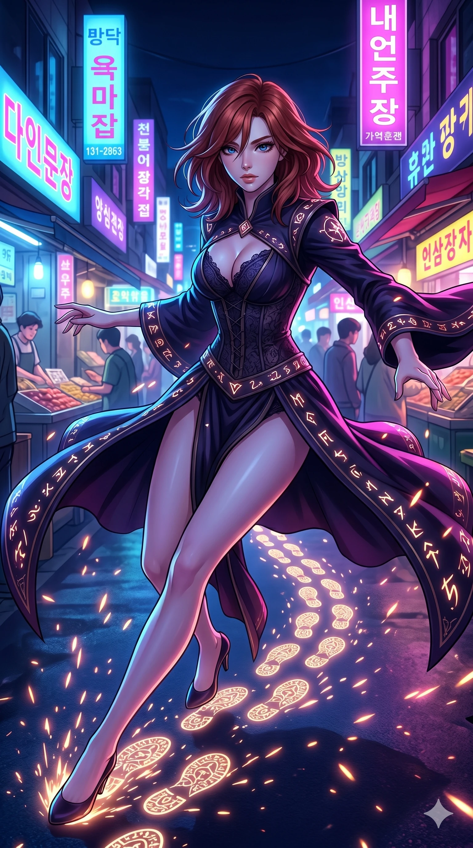 score_9, masterpiece, best quality, ultra-detailed, Set A: High-budget Anime Keyframe, Japanese woman. Upper body close-up from the thighs up, character filling the screen for maximum presence. Sliding through a neon-lit Neo-Seoul market, as she leaves a trail of 208 glowing footprints and surrounded by glowing energy sparks. She has an absolutely perfect 8-heads proportion, an exceptionally tall and slender female figure with impossibly long slender legs and an ultra-slim waist. Sharp v-shaped jawline, high-bridge nose, intricate jewel-like eyes with depth, thick eyelashes, glossy lips with a natural sheen. Wearing Dark sorceress robes with glowing runes and a deep-cut lace corset. Cinematic lighting, vibrant colors, dramatic shadows, 2k, ultra detail, master piece, 9:16 ratio