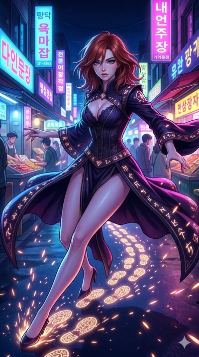 score_9, masterpiece, best quality, ultra-detailed, Set A: High-budget Anime Keyframe, Japanese woman. Upper body close-up from the thighs up, character filling the screen for maximum presence. Sliding through a neon-lit Neo-Seoul market, as she leav