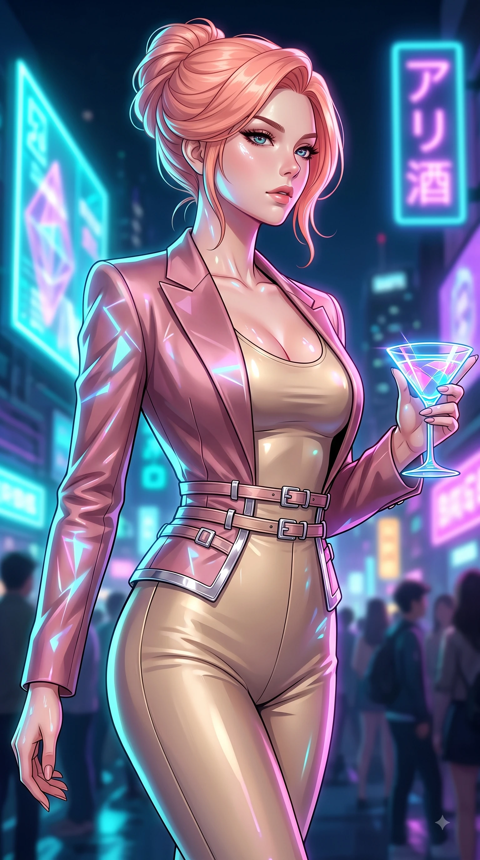 score_9, masterpiece, best quality, ultra-detailed, high-budget anime keyframe, editorial fashion photography, tasteful artistic composition, Japanese woman. close-up cowboy shot from the waist and thighs up, the character dominates the composition, filling the frame with her large presence, background elements kept in soft focus. Gazing past the lens with smoldering intensity as her torso curves dynamically in mid-stride while holding a glowing translucent cocktail glass under vibrant cyan and purple neon signs at night, holographic advertisements casting dynamic geometric light patterns on her form. She has an exceptionally elegant, slender, and willowy female figure with an ultra-slim waist, a gracefully sculpted slender torso, and a refined silhouette. sharp v-shaped jawline, high-bridge nose, intricate jewel-like eyes with depth, thick eyelashes, glossy lips with a natural sheen, flawlessly proportioned anatomical accuracy, natural body alignment, perfectly sculpted elegant limbs, clean dynamic posture without body distortion. wearing a tailored silk blazer over a form-contouring scoop-neck top and slacks in dusty rose and champagne gold, formed from sleek second-skin neoprene, detailed with polished silver buckles along the waistline, the glove-like fit emphasizing her statuesque silhouette during motion. drenched in wet neon reflections with brilliant specular highlights on her silhouette. highly saturated vibrant anime colors, detailed shading with soft gradients, rich glossy textures, high-contrast stereoscopic depth, volumetric dynamic lighting, master piece, 9:16 ratio