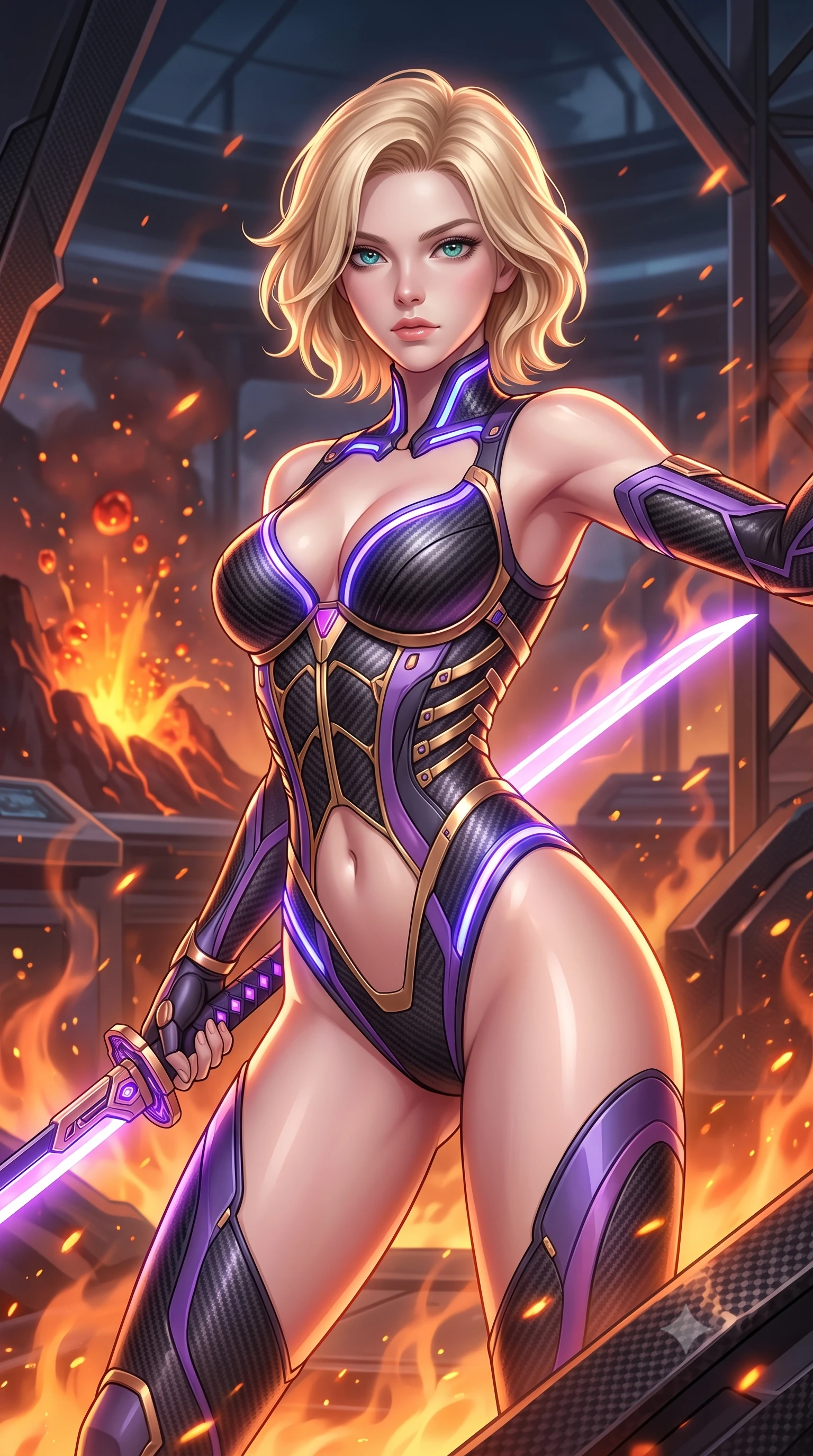 score_9, masterpiece, best quality, ultra-detailed, high-budget anime keyframe, semi-realistic 3D game render, editorial fashion photography, tasteful artistic composition, Caucasian woman. close-up cowboy shot from the waist and thighs up, the character dominates the composition, filling the frame with her large presence. gazing forward with divine sovereign poise, captivating jewel-like eyes shining with transcendent focus while holding her weapon with effortless mastery while arching her spine in a fluid stretch as rising heat waves and orange embers swirl around her sculpted silhouette. The surrounding environment is rendered in vivid detail and crisp panoramic clarity. sharp heat-resistant carbon armor plate edges, magma bubble bursts, and steel support beams in high resolution. She has an exceptionally elegant, slender, and willowy female figure with an ultra-slim waist, a gracefully sculpted slender torso, toned flat midriff, and a refined slim silhouette. sharp v-shaped jawline, high-bridge nose, intricate jewel-like eyes with depth, thick eyelashes, glossy lips with a natural sheen, flawlessly proportioned anatomical accuracy, strict slender model proportions, natural body alignment, perfectly sculpted long slender limbs, ultra-slim waistline, clean dynamic posture without body distortion. wearing a precision-tailored high-fashion carbon-fiber corset bodysuit with gold mechanical rib boning, wielding a glowing energy katana with royal elegance in royal purple carbon fiber with rose-gold hardware and clasps, tailored from flexible second-skin carbon-mesh that clings flawlessly to her athletic curves, accented with glowing fiber-optic conduits tracing her collarbones and hip curves, the glove-like aerodynamic second-skin fit tightly clinging to her ultra-slender waist and athletic curves without adding bulk, accentuating her razor-sharp statuesque lines and slim hourglass silhouette. illuminated by crisp specular highlights tracing her ultra-slim waist, long legs, and flat midriff. rich saturated anime colors with glowing neon highlights, detailed shading with soft gradients, rich glossy textures, high-contrast stereoscopic depth, volumetric dynamic lighting, master piece, 9:16 ratio