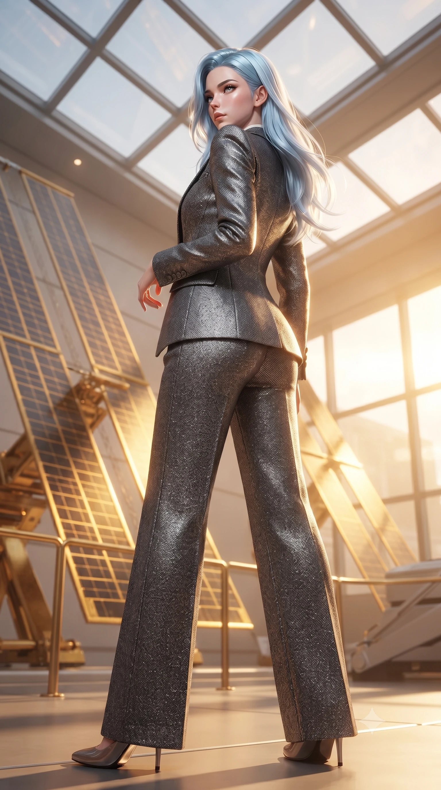 score_9, masterpiece, best quality, ultra-detailed, high-budget anime keyframe, editorial fashion photography, tasteful artistic composition, Korean woman woman. low angle full-body shot from head to toe showing her feet, filling the entire 9:16 vertical frame with her statuesque presence, stretching her vertical silhouette. She has an absolutely perfect, statuesque 8.5-heads proportion, an exceptionally tall and slender model-like female figure with impossibly long slender legs and an ultra-slim waist. turning fluidly while glancing back over her shoulder with magnetic intensity and statuesque grace, flawlessly proportioned anatomical accuracy, natural body alignment, perfectly sculpted elegant limbs, clean dynamic posture without body distortion. set against a soft-focus background of an orbital solarium deck with giant gold solar panels overlooking Earth. wearing a tailored charcoal tweed suit jacket with high-waisted wide trousers. bathed in intense golden hour solar light slicing through glass ceiling panels. ultra-reflective glossy finish, specular highlights, metallic sheen, high-contrast stereoscopic depth, volumetric dynamic lighting, 2k, ultra detail, master piece, 9:16 ratio