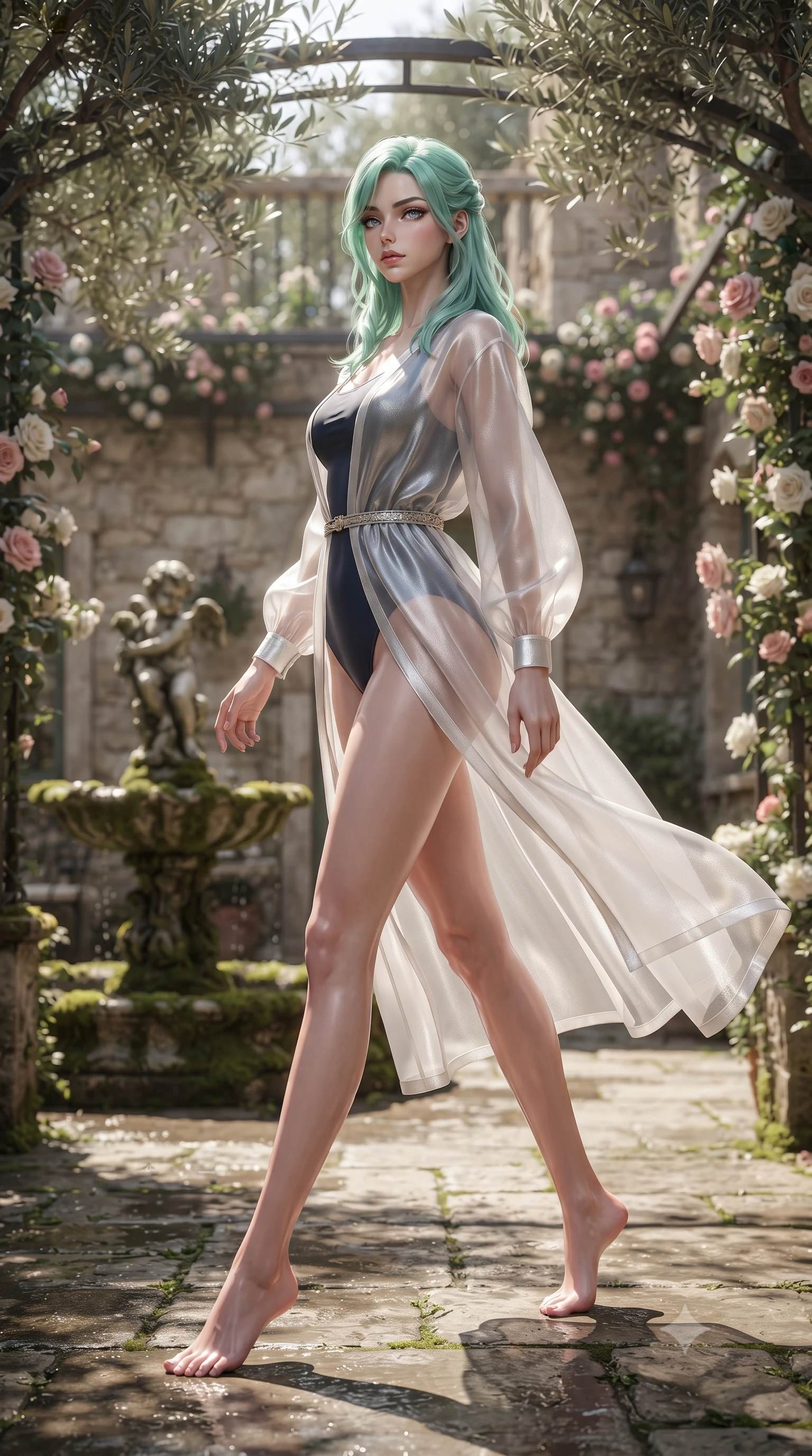 score_9, masterpiece, best quality, ultra-detailed, high-budget anime keyframe, editorial fashion photography, tasteful artistic composition, Japanese woman woman. low angle full-body shot from head to toe showing her feet, filling the entire 9:16 vertical frame with her statuesque presence, stretching her vertical silhouette. stepping gracefully while looking back over her shoulder, her dress draped tightly to reveal her silhouette the background shows a soft-focus a quiet stone patio of a historic villa, with a mossy fountain and roses. She has an absolutely perfect, statuesque 8.5-heads proportion, an exceptionally tall and slender model-like female figure with impossibly long slender legs and an ultra-slim waist. sharp v-shaped jawline, high-bridge nose, intricate jewel-like eyes with depth, thick eyelashes, glossy lips with a natural sheen. wearing a slim-fit sheer white organza resort cover-up worn over a form-fitting one-piece swimsuit, showing her elegant clavicle lines. dappled sunlight filtering through the trees, casting organic shadows on the ground. ultra-reflective glossy finish, specular highlights, metallic sheen, high-contrast stereoscopic depth, volumetric dynamic lighting, 2k, ultra detail, master piece, 9:16 ratio