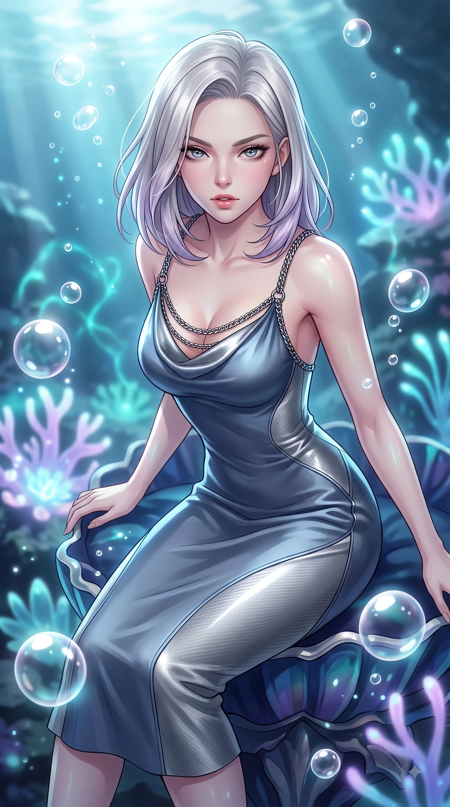 score_9, masterpiece, best quality, ultra-detailed, high-budget anime keyframe, editorial fashion photography, tasteful artistic composition, Caucasian woman. close-up cowboy shot from the waist and thighs up, the character dominates the composition, filling the frame with her large presence, background elements kept in soft focus. Leaning forward gracefully with lips parted, casting a smoldering magnetic gaze directly into the lens while poised on an abyssal prism shell throne as gentle sea bubbles cast pearl-white highlights, glowing coral blossoms emitting soft aqua and lavender light in the background. She has an exceptionally elegant, slender, and willowy female figure with an ultra-slim waist, a gracefully sculpted slender torso, and a refined silhouette. sharp v-shaped jawline, high-bridge nose, intricate jewel-like eyes with depth, thick eyelashes, glossy lips with a natural sheen, flawlessly proportioned anatomical accuracy, natural body alignment, perfectly sculpted elegant limbs, clean dynamic posture without body distortion. wearing an elegant cowl-neck satin midi dress with a graceful draped neckline in slate blue and metallic silver, made of fine carbon-fiber weave and soft matte leather, adorned with delicate metallic chain straps along the neckline, the glove-like fit emphasizing her statuesque silhouette during motion. bathed in brilliant underwater sunbeams and soft turquoise caustic glow. highly saturated vibrant anime colors, detailed shading with soft gradients, rich glossy textures, high-contrast stereoscopic depth, volumetric dynamic lighting, master piece, 9:16 ratio
