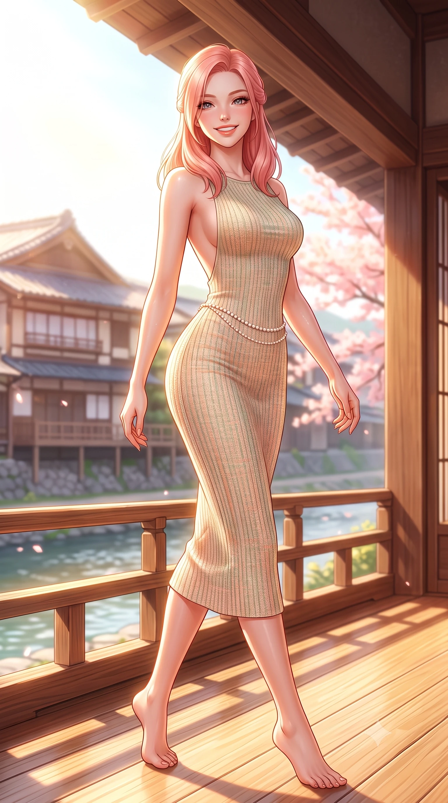 score_9, masterpiece, best quality, ultra-detailed, high-budget anime keyframe, semi-realistic 3D game render, editorial fashion photography, tasteful artistic composition, Japanese woman. low angle full-body shot from head to toe showing her feet, filling the entire 9:16 vertical frame with her statuesque presence, stretching her vertical silhouette. stepping forward gracefully in mid-motion with a radiant beaming smile, hips swaying in an alluring kinetic rhythm that accentuates her curvy hourglass silhouette and long slender legs while standing poised on the sun-warmed wooden veranda, twisting her slender torso in an alluring S-curve in the gentle spring river breeze. The surrounding environment is rendered in vivid detail and crisp panoramic clarity. detailed silk dress drape, soft sun glints on skin, and Kyoto riverbank architecture in high resolution. She has an exceptionally tall and slender model-like 8.5-heads proportion, an ultra-slim waist, a flat toned midriff, narrow delicate ribcage, and beautifully sculpted feminine hips creating a graceful, slim hourglass silhouette without any bulky heaviness, with impossibly long slender legs. sharp v-shaped jawline, high-bridge nose, intricate jewel-like sparkling eyes with depth, thick eyelashes, glossy parted lips with a natural peach sheen, bright cheerful beaming smile with an enchanting and coquettish sensual glint, exuding both youthful cute charm and seductive allure, flawlessly proportioned anatomical accuracy, strict slender model proportions, natural body alignment, perfectly sculpted long slender limbs, ultra-slim waistline, clean dynamic posture without body distortion. wearing a form-contouring ribbed knit bodycon midi dress with an open back scoop descending to the base of her spine in soft apricot and sage green, tailored from soft pastel tweed with subtle metallic shimmer, accented with a dainty pearl waist chain catching the ambient sunlight, the form-fitting cut adhering flawlessly to her sculpted flat midriff and slender torso, emphasizing her long leg lines and perfectly proportioned willowy build. bathed in bright morning sunbeams and warm golden sakura backlighting. highly saturated vibrant anime colors, detailed shading with soft gradients, rich glossy textures, high-contrast stereoscopic depth, volumetric dynamic lighting, master piece, 9:16 ratio