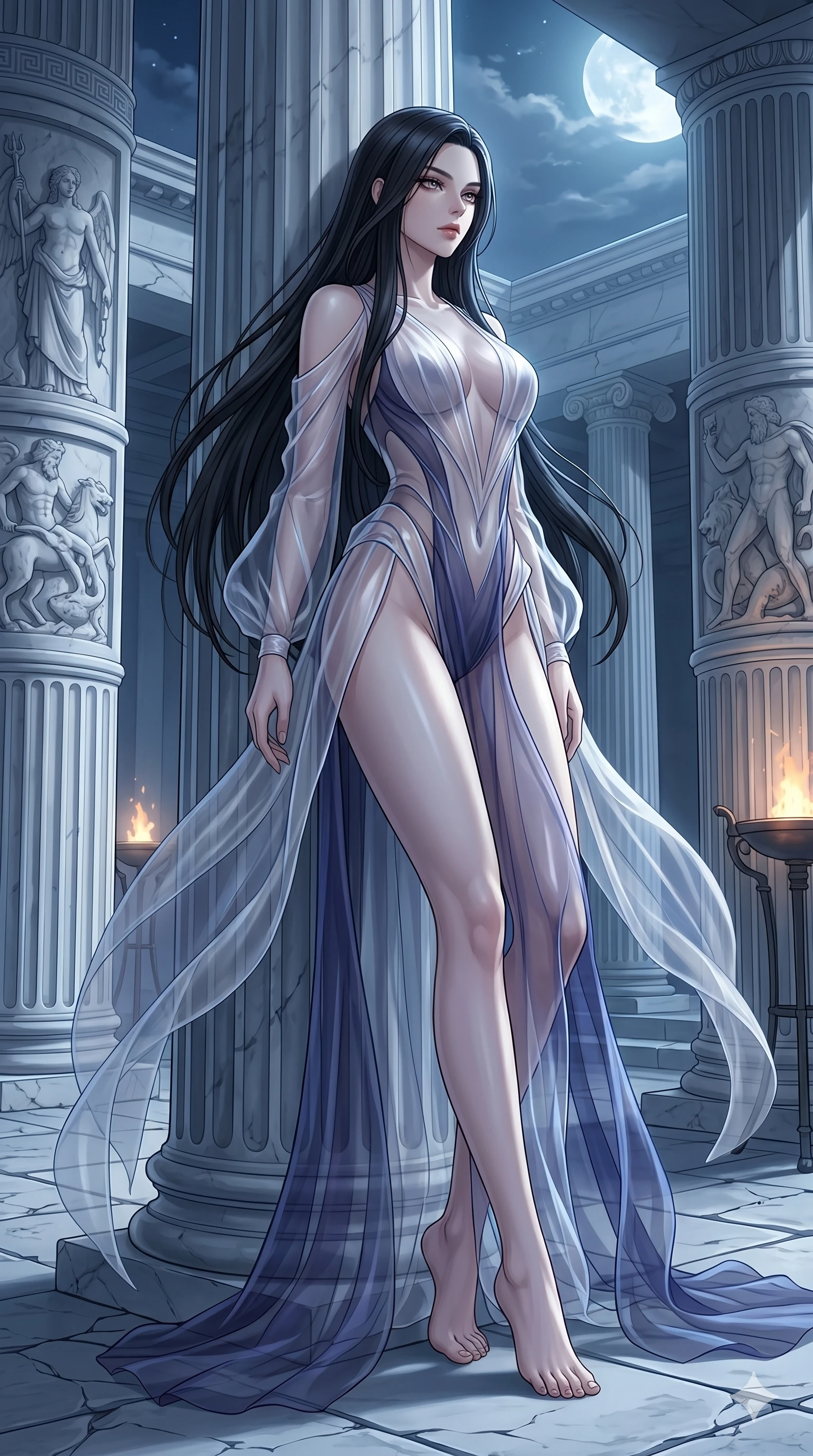 score_9, masterpiece, best quality, ultra-detailed, High-budget Anime Keyframe, East Asian woman. Low angle cowboy shot filling the entire 9:16 frame with her statuesque presence. Scenario 33: Leaning against a cold marble pillar in a moonlit greek temple. Her presence is magnetic and overpowering in this high-budget anime scene. Outfit 33: A sheer organza liquid with a high-cut leg line and translucent layers. The clothing is designed to emphasize her exceptionally tall and slender 8-heads proportion. 8-heads proportion, towering silhouette, ultra-slim waist. sharp v-shaped jawline, intricate jewel-like eyes with depth, thick eyelashes, glossy lips. 2k, ultra detail, master piece, 9:16 ratio