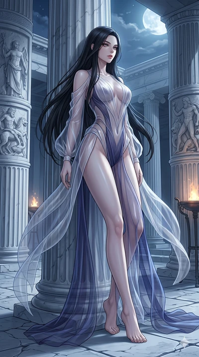 score_9, masterpiece, best quality, ultra-detailed, High-budget Anime Keyframe, East Asian woman. Low angle cowboy shot filling the entire 9:16 frame with her statuesque presence. Scenario 33: Leaning against a cold marble pillar in a moonlit greek t
