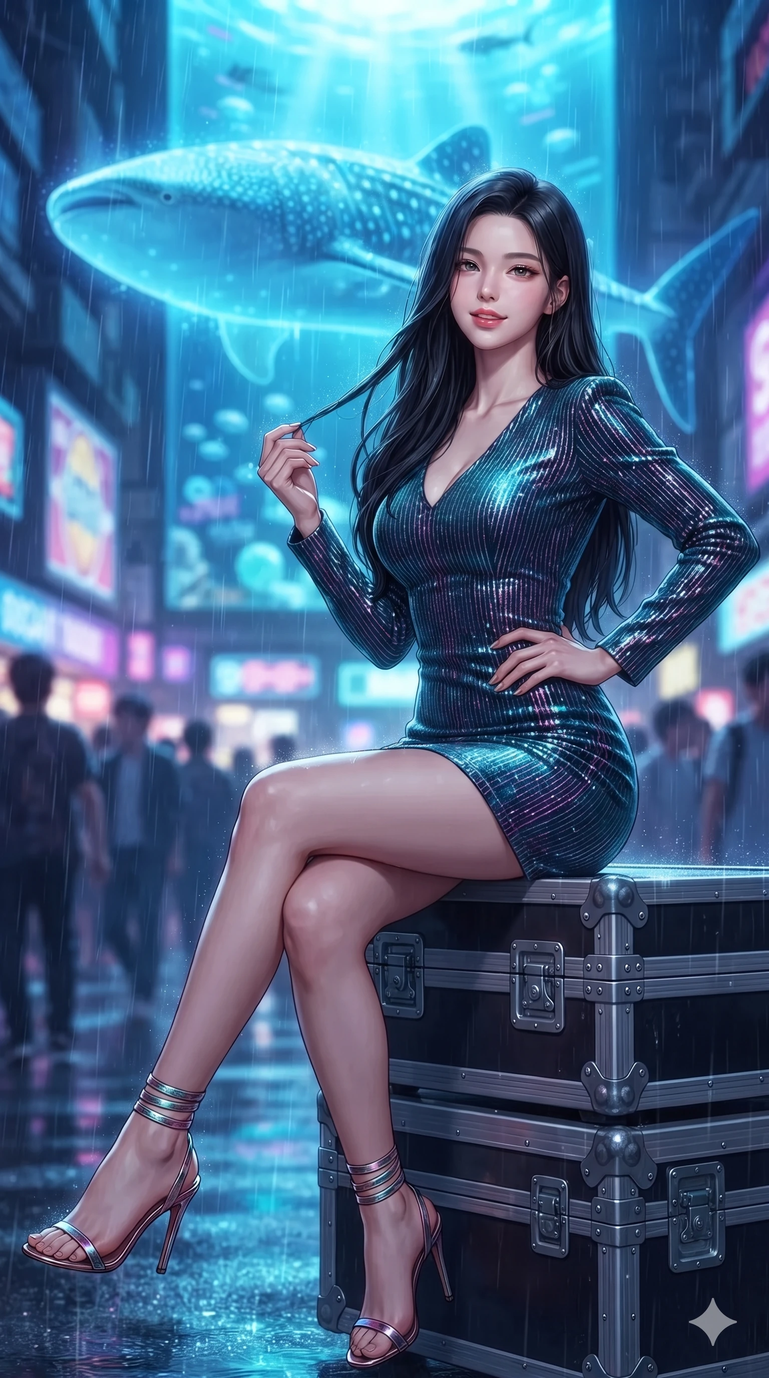 score_9, masterpiece, best quality, ultra-detailed, high-budget anime keyframe, editorial fashion photography, tasteful artistic composition, Korean woman. close-up cowboy shot from the waist and thighs up, the character dominates the composition, filling the frame with her large presence. twisting her slender torso in an alluring contrapposto stance, one hand resting on her sculpted hip while her fingers toy with her hair with effortless poise while sitting gracefully on the arcade equipment case with legs crossed, flashing an enchanting smile with parted glossy lips. The background shows a soft-focus gigantic holographic whale sharks swimming through urban rain, glowing arcade marquees, and dense street crowds blurred into cobalt, violet, and electric cyan bokeh. She has an exceptionally elegant, slender, and willowy female figure with an ultra-slim waist, flat toned midriff, narrow ribcage, and sculpted feminine hips creating an alluring, slim hourglass silhouette without bulk. sharp v-shaped jawline, high-bridge nose, intricate jewel-like sparkling eyes with depth, thick eyelashes, glossy parted lips with a natural peach sheen, bright cheerful beaming smile with an enchanting and coquettish sensual glint, exuding both youthful cute charm and seductive allure, flawlessly proportioned anatomical accuracy, strict slender model proportions, natural body alignment, perfectly sculpted long slender limbs, ultra-slim waistline, clean dynamic posture without body distortion. wearing a tailored liquid velvet bodycon dress with metallic fiber pinstripes following her statuesque 8.5-heads silhouette in subterranean lagoon turquoise and lotus blossom pink, tailored from high-density tech-wool with subtle metallic thread weave, complemented by strappy stiletto sandals with metallic ankle wraps accentuating her slender calves, the bespoke structured tailoring following the natural line of her 8.5-heads silhouette with refined elegance. bathed in the glowing azure and indigo illumination of the monumental virtual aquarium billboard. ultra-reflective glossy finish, specular highlights, rich textural contrasts, high-contrast stereoscopic depth, volumetric dynamic lighting, 2k, ultra detail, master piece, 9:16 ratio