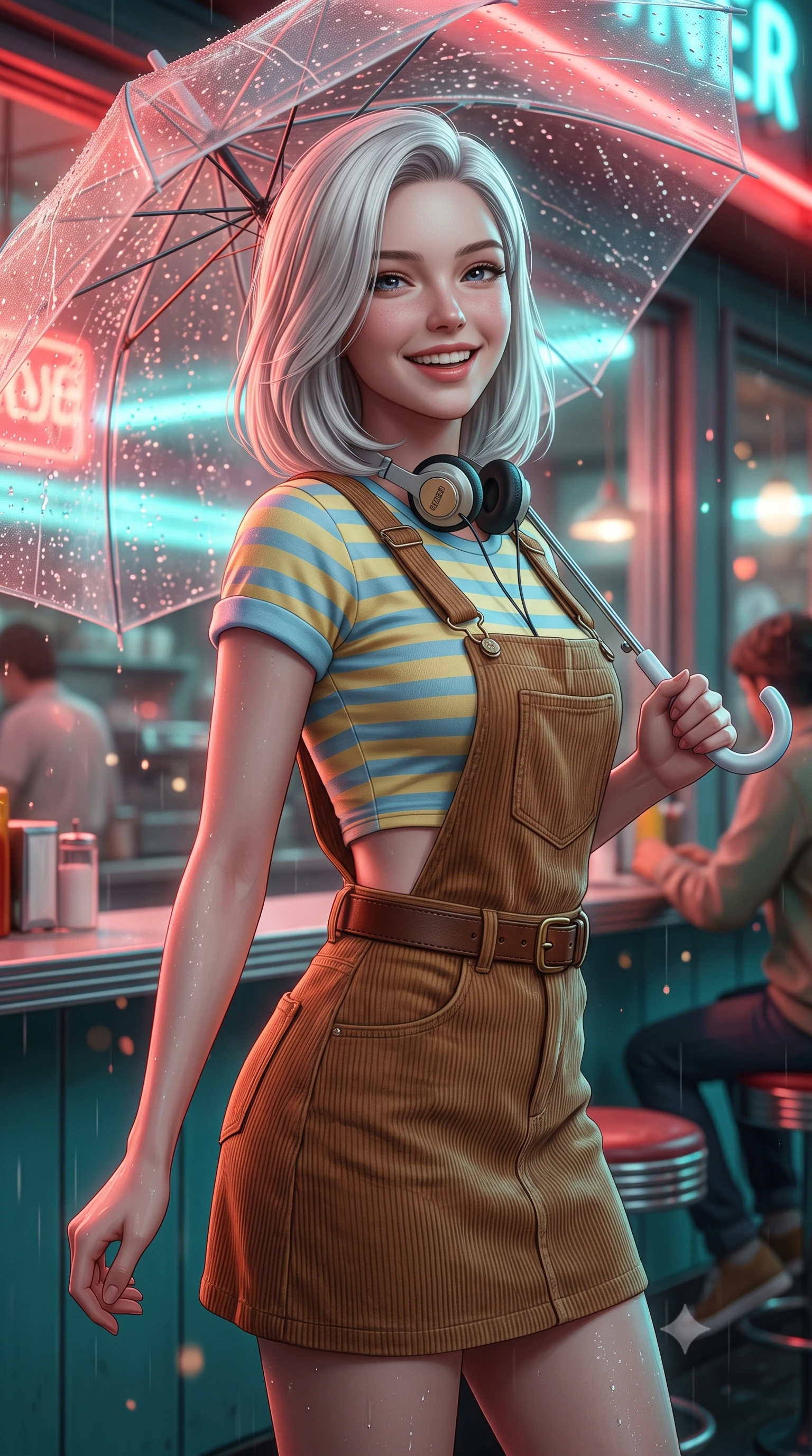 score_9, masterpiece, best quality, ultra-detailed, high-budget anime keyframe, semi-realistic 3D game render, editorial fashion photography, tasteful artistic composition, Caucasian woman. close-up cowboy shot from the waist and thighs up, the character dominates the composition, filling the frame with her large presence. laughing softly with genuine, enchanting warmth, eyes crinkling sweetly as specular highlights illuminate her cheeks while pivoting playfully outside a retro diner's glowing neon window, smiling with infectious nostalgic girlhood charm. The composition keeps background elements in soft focus with creamy bokeh. splattering raindrops on umbrella plastic and neon glare scattering soft nostalgic light motes. She has an exceptionally elegant, slender, and willowy female figure with an ultra-slim waist, a gracefully sculpted slender torso, toned flat midriff, and a refined slim silhouette. sharp v-shaped jawline, high-bridge nose, intricate jewel-like eyes with depth, thick eyelashes, glossy lips with a natural sheen, captivating and magnetic expression, flawlessly proportioned anatomical accuracy, strict slender model proportions, natural body alignment, perfectly sculpted long slender limbs, ultra-slim waistline, clean dynamic posture without body distortion. wearing a vintage corduroy dungaree dress layered over a pastel striped baby-tee with rolled cuffs in sunny retro canary yellow and sky blue, woven from soft breathable linen that flutters gently with every step, accessorized with a classic leather belt with brass buckle and retro on-ear foam headphones, the precision-cut daring openings accentuating her delicate midriff, graceful bare collarbones, and ultra-slim feminine waistline. bathed in rich neon red and cyan streetlamp glow bouncing off wet asphalt surfaces. highly saturated vibrant anime colors, detailed shading with soft gradients, rich glossy textures, high-contrast stereoscopic depth, volumetric dynamic lighting, master piece, 9:16 ratio