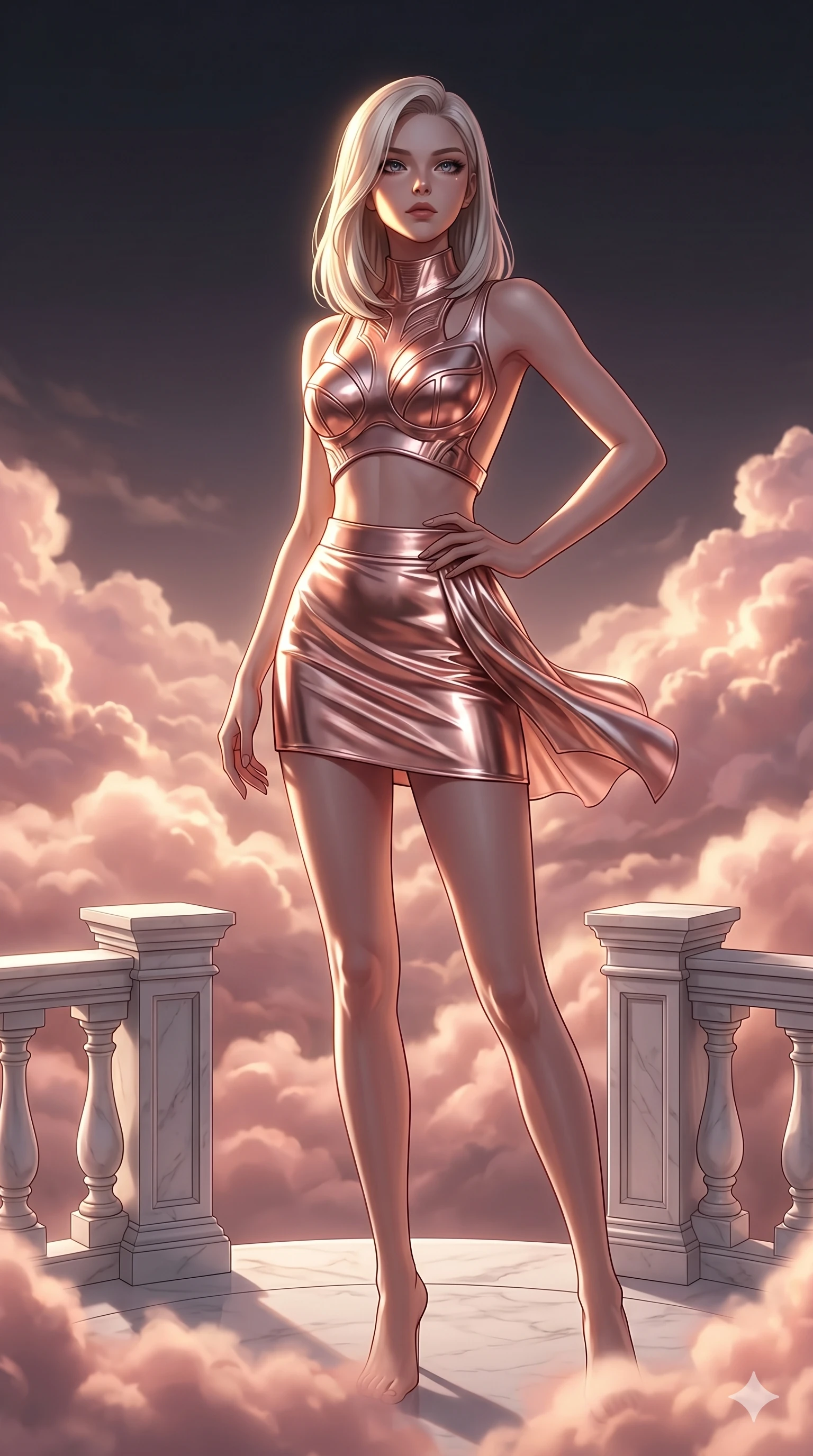 score_9, masterpiece, best quality, ultra-detailed, high-budget anime keyframe, editorial fashion photography, tasteful artistic composition, Korean woman. cowboy shot from the thighs up, character and outfit filling the frame for maximum editorial presence. Gazing past the camera with an air of effortless superiority atop a floating white marble terrace above a sea of luminous rose-gold clouds. She has an absolutely perfect 8-heads proportion, an exceptionally tall and slender female figure with impossibly long slender legs and an ultra-slim waist. V-shaped jawline, high-bridge nose, intricate jewel-like eyes with depth, thick eyelashes, glossy lips with a natural sheen. wearing a sculpted metallic rose-gold structured crop top with a forward-facing architectural neckline and a wide-open back, paired with a matching high-waist metallic mini skirt in the same liquid fabric. lit by dramatic chiaroscuro with a single golden key light carving her facial contours and figure. 2k, ultra detail, master piece, 9:16 ratio