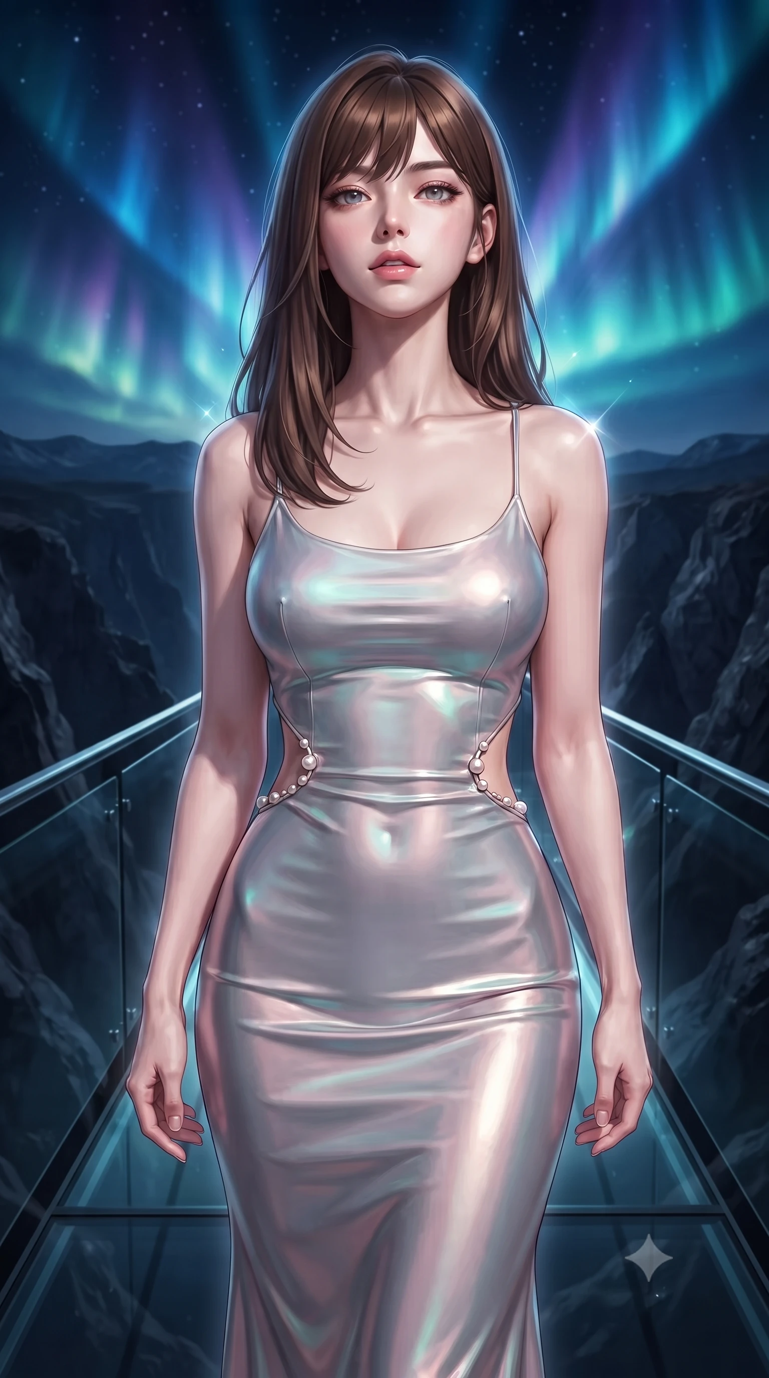 score_9, masterpiece, best quality, ultra-detailed, high-budget anime keyframe, editorial fashion photography, tasteful artistic composition, Korean woman. close-up cowboy shot from the waist and thighs up, the character dominates the composition, filling the frame with her large presence, background elements kept in soft focus. Tilting her chin up slightly with lips parted in a composed, magnetic expression, navigating a glass skywalk suspended over a dark mountain canyon with aurora, dramatic contrast of vivid aurora rays against dark sky void. She has an exceptionally elegant, slender, and willowy female figure with an ultra-slim waist, a gracefully sculpted slender torso, and a refined silhouette. sharp v-shaped jawline, high-bridge nose, intricate jewel-like eyes with depth, thick eyelashes, glossy lips with a natural sheen. wearing form-contouring liquid silver jersey long slip dress in soft blush pink, made of iridescent turquoise taffeta, adorned with minimalist pearl hardware framing the waistline, contouring every curve with an exceptionally elegant silhouette. surrounded by a radiant aurora aura with sharp edge highlights. ultra-reflective glossy finish, specular highlights, metallic sheen, high-contrast stereoscopic depth, volumetric dynamic lighting, 2k, ultra detail, master piece, 9:16 ratio