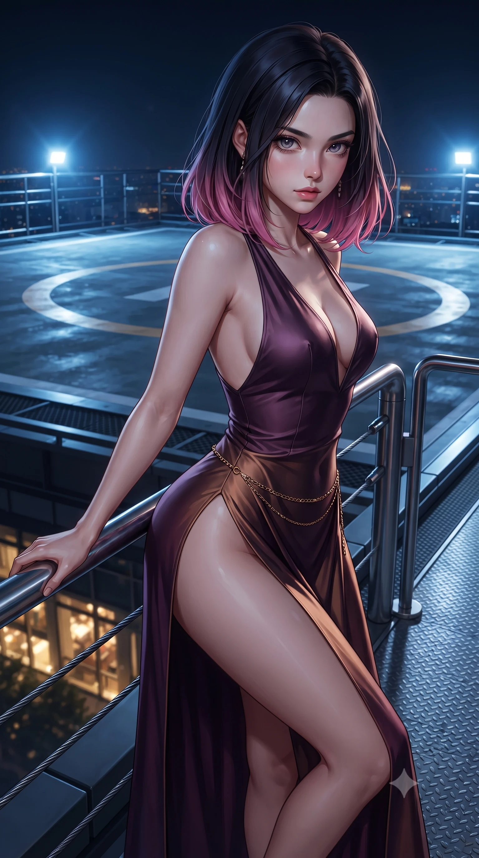 score_9, masterpiece, best quality, ultra-detailed, high-budget anime keyframe, editorial fashion photography, tasteful artistic composition, Korean woman. close-up cowboy shot from the waist and thighs up, the character dominates the composition, filling the frame with her large presence. leaning forward against the polished railing with her hips cocked back, creating an intoxicating curve from her narrow waist to sculpted hips as she gazes back into the lens while standing poised at the center of the rooftop helipad facing the gale-force night wind, arching her spine in pure exhilaration as her dress flutters violently. The surrounding environment is rendered in vivid detail and crisp panoramic clarity. sharp painted helipad circle markings, non-slip deck textures, and safety net steel cables in deep focus. She has an exceptionally elegant, slender, and willowy female figure with an ultra-slim waist, flat toned midriff, narrow ribcage, and sculpted feminine hips creating an alluring, slim hourglass silhouette without bulk. sharp v-shaped jawline, high-bridge nose, intricate jewel-like eyes with depth, thick eyelashes, glossy parted lips with a natural sheen, intensely captivating and seductive bedroom-eyes expression, flawlessly proportioned anatomical accuracy, strict slender model proportions, natural body alignment, perfectly sculpted long slender limbs, ultra-slim waistline, clean dynamic posture without body distortion. wearing a plunging-V neckline duchess satin gown with high side slits ascending to the high hip in deep plum violet and antique bronze, tailored from liquid silk jersey adhering flawlessly to her slender build, accented with a delicate gold chain belt resting loosely on her curvy hips, the form-contouring material adhering flawlessly to her sculpted flat midriff and slender torso, emphasizing her long leg lines and perfectly proportioned willowy build. bathed in cool blue helipad floodlights and ambient golden metropolis glow from below. ultra-reflective glossy finish, specular highlights, rich textural contrasts, high-contrast stereoscopic depth, volumetric dynamic lighting, 2k, ultra detail, master piece, 9:16 ratio