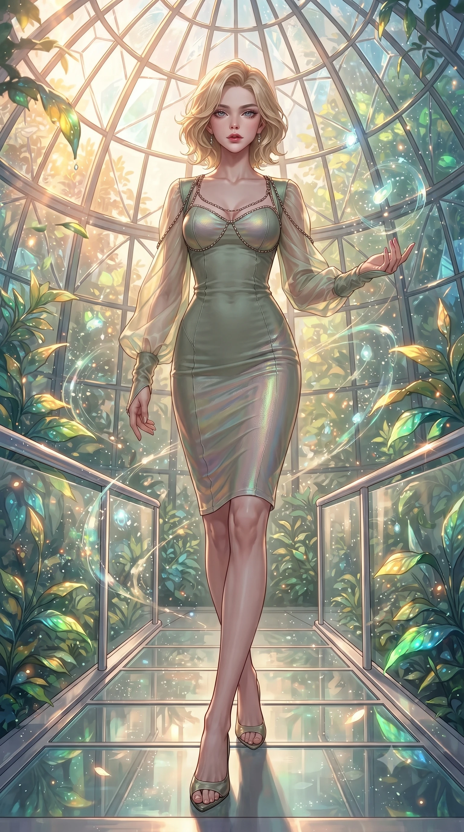 score_9, masterpiece, best quality, ultra-detailed, high-budget anime keyframe, editorial fashion photography, tasteful artistic composition, Caucasian woman. low angle full-body shot from head to toe showing her feet, filling the entire 9:16 vertical frame with her statuesque presence, stretching her vertical silhouette. interacting gracefully with the magical floating elements while maintaining a confident posture walking along a platinum-framed glass walkway in a sunlit botanical dome, dewdrops on bioluminescent leaves reflecting vibrant emerald and gold. She has an absolutely perfect, statuesque 8.5-heads proportion, an exceptionally tall and slender model-like female figure with impossibly long slender legs and an ultra-slim waist. sharp v-shaped jawline, high-bridge nose, intricate jewel-like eyes with depth, thick eyelashes, glossy lips with a natural sheen. wearing a sleek bodycon knit dress with sheer organza sleeve panels in sage green and oatmeal, crafted from iridescent chiffon that shifts colors in the light, adorned with delicate metallic chain straps along the neckline, the glove-like fit emphasizing her statuesque silhouette. lit by warm golden-hour rays cascading through crystalline glass panes. ultra-reflective glossy finish, specular highlights, metallic sheen, high-contrast stereoscopic depth, volumetric dynamic lighting, 2k, ultra detail, master piece, 9:16 ratio