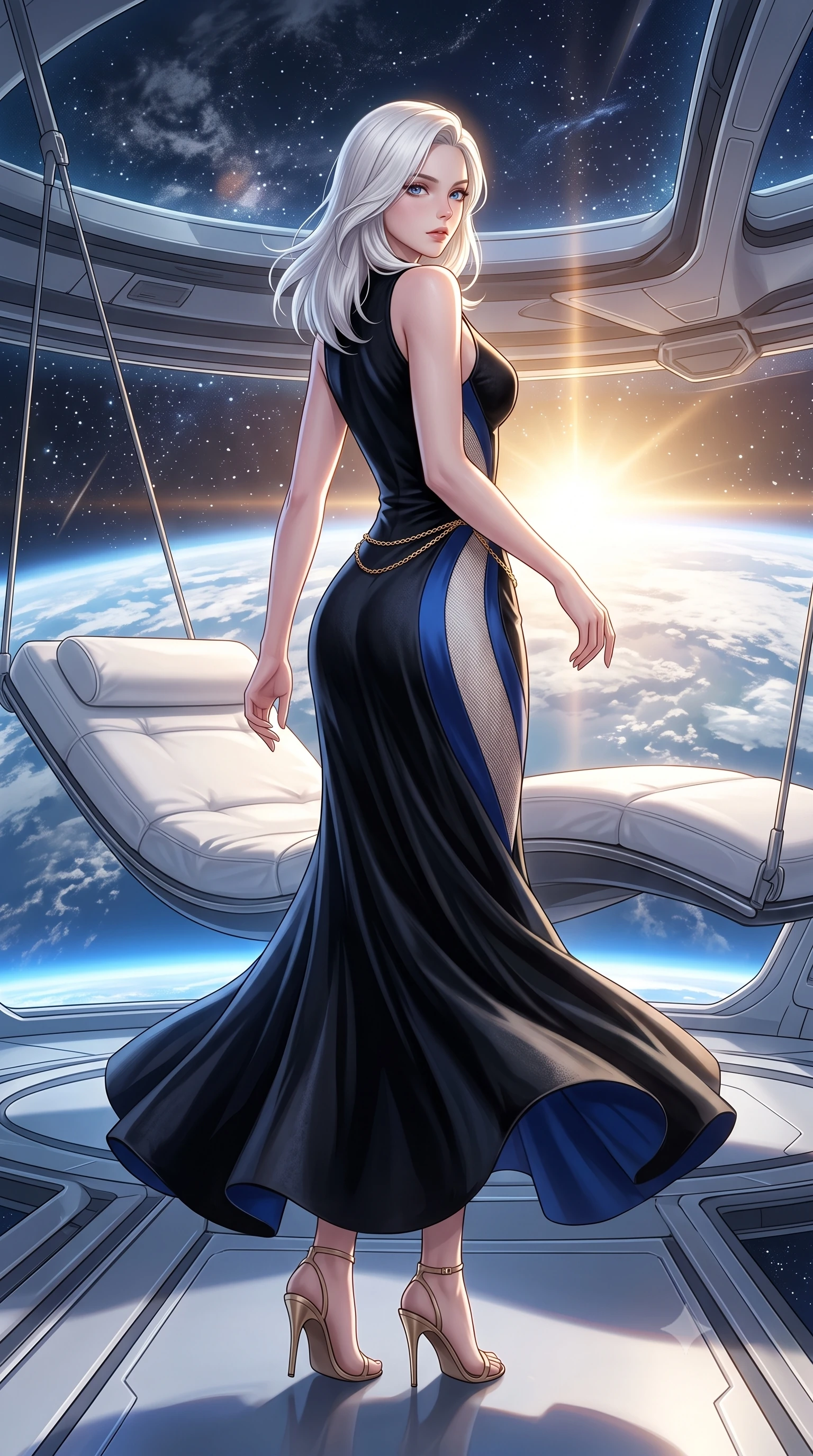 score_9, masterpiece, best quality, ultra-detailed, high-budget anime keyframe, semi-realistic 3D game render, editorial fashion photography, tasteful artistic composition, Caucasian woman. low angle full-body shot from head to toe showing her feet, filling the entire 9:16 vertical frame with her statuesque presence, stretching her vertical silhouette. executing an elegant mid-motion pivot turn as garments swirl around her slender limbs, glancing over her shoulder with an intoxicating bedroom-gaze while reclining on a suspended zero-gravity white leather daybed with one knee drawn up, looking back over her bare shoulder with celestial bedroom-eyes. The surrounding environment is rendered in vivid detail and crisp panoramic clarity. detailed aerodynamic space fabric sheen, Earth cloud filament clarity, and starlight reflections in high resolution. She has an exceptionally tall and slender model-like 8.5-heads proportion, an ultra-slim waist, a flat toned midriff, narrow delicate ribcage, and beautifully sculpted feminine hips creating a graceful, slim hourglass silhouette without any bulky heaviness, with impossibly long slender legs. sharp v-shaped jawline, high-bridge nose, intricate jewel-like eyes with depth, thick eyelashes, glossy parted lips with a natural sheen, intensely captivating and seductive bedroom-eyes expression, flawlessly proportioned anatomical accuracy, strict slender model proportions, natural body alignment, perfectly sculpted long slender limbs, ultra-slim waistline, clean dynamic posture without body distortion. wearing a second-skin black silk jersey maxi dress with asymmetrical sheer mesh side panels tracing the full curve of her hip in royal sapphire blue and brushed platinum, crafted from heavyweight crushed silk velvet with liquid vintage luster, accented with a delicate gold chain belt resting loosely on her curvy hips, the form-contouring material adhering flawlessly to her sculpted flat midriff and slender torso, emphasizing her long leg lines and perfectly proportioned willowy build. bathed in radiant golden orbital sunrise backlighting and ambient cool blue Earth glow from below. highly saturated vibrant anime colors, detailed shading with soft gradients, rich glossy textures, high-contrast stereoscopic depth, volumetric dynamic lighting, master piece, 9:16 ratio