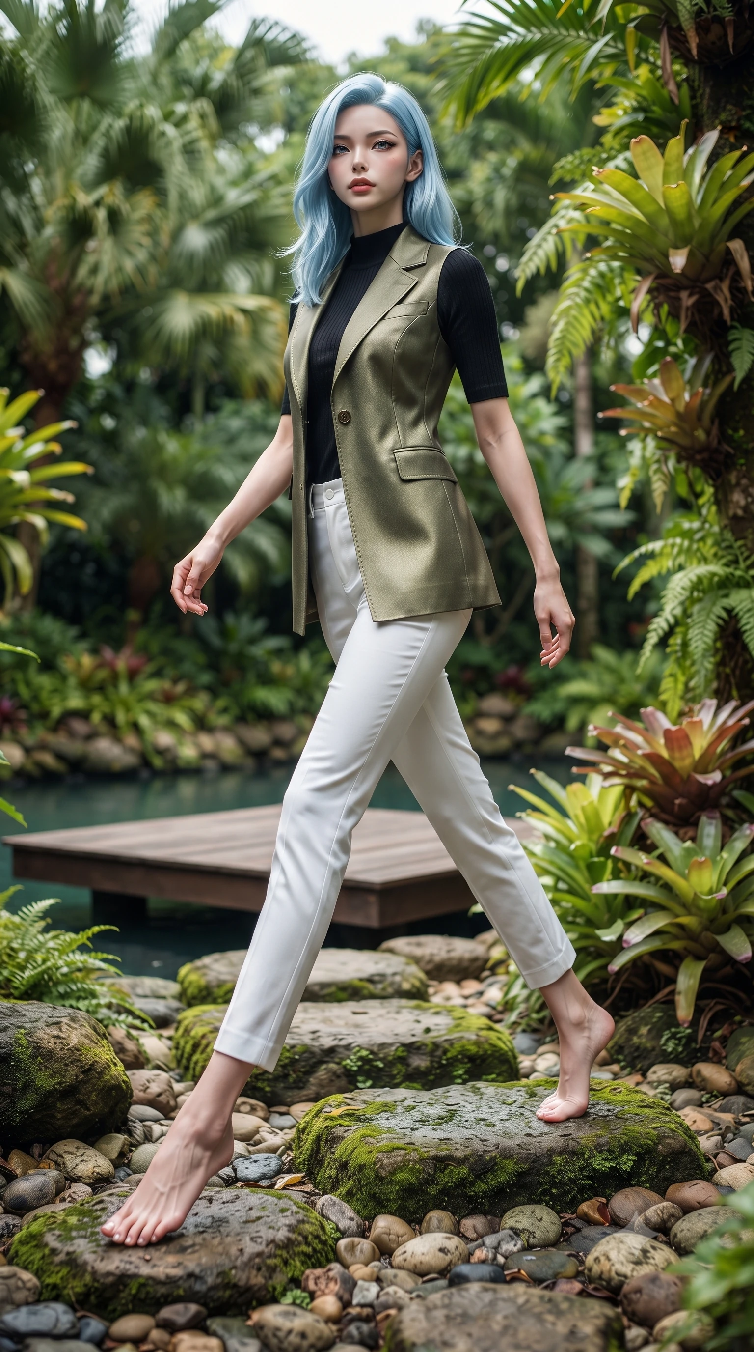 score_9, masterpiece, best quality, ultra-detailed, high-budget anime keyframe, editorial fashion photography, tasteful artistic composition, Korean woman woman. low angle full-body shot from head to toe showing her feet, filling the entire 9:16 vertical frame with her statuesque presence, stretching her vertical silhouette. stepping gracefully across a stone path in the garden the background shows a soft-focus a wooden floating platform on a hidden calm lagoon surrounded by tropical plants. She has an absolutely perfect, statuesque 8.5-heads proportion, an exceptionally tall and slender model-like female figure with impossibly long slender legs and an ultra-slim waist. sharp v-shaped jawline, high-bridge nose, intricate jewel-like eyes with depth, thick eyelashes, glossy lips with a natural sheen. wearing a slim-fit tailored olive green trench vest over a black mock-neck shirt and white chino slacks. soft teal water-shine reflecting onto her skin and outfit. ultra-reflective glossy finish, specular highlights, metallic sheen, high-contrast stereoscopic depth, volumetric dynamic lighting, 2k, ultra detail, master piece, 9:16 ratio