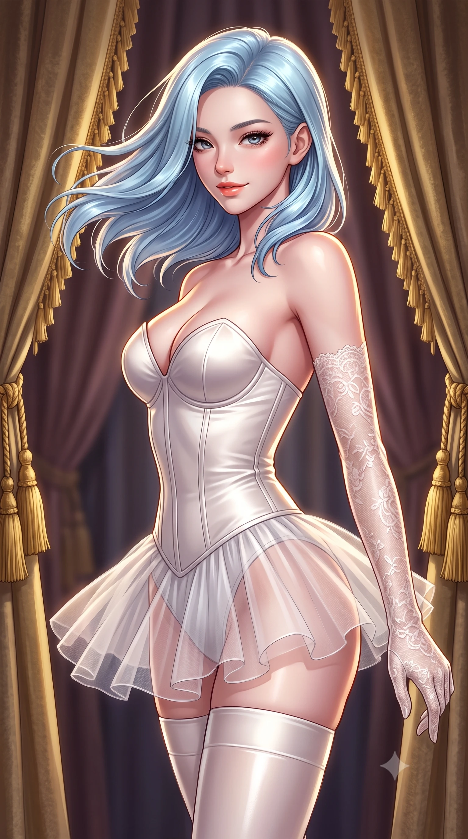 score_9, masterpiece, best quality, ultra-detailed, high-budget anime keyframe, semi-realistic 3D game render, editorial fashion photography, tasteful artistic composition, Korean woman. close-up cowboy shot from the waist and thighs up, the character dominates the composition, filling the frame with her large presence. turning slowly with an enchanting smoldering smile, her glossy hair tossing in the breeze as her hips angle gracefully in a captivating contrapposto while twisting her slender torso in an alluring S-curve, heavy gold-tasseled velvet drapes framing her form-fitting ballet bodice and curvy hips. The background shows a soft-focus velvet curtain drapery folds softened in intimate aristocratic shallow focus. She has an exceptionally elegant, slender, and willowy female figure with an ultra-slim waist, flat toned midriff, narrow ribcage, and sculpted feminine hips creating an alluring, slim hourglass silhouette without bulk. sharp v-shaped jawline, high-bridge nose, sparkling eyes with hypnotic seductive depth, thick curled eyelashes, glossy parted lips with a natural dewy peach sheen, alluring bedroom-eyes with an enchanting coquettish smile, exuding magnetic siren charisma and sophisticated glamour, flawlessly proportioned anatomical accuracy, strict slender model proportions, natural body alignment, perfectly sculpted long slender limbs, ultra-slim waistline, clean dynamic posture without body distortion. wearing a plunging sweetheart-neckline boned satin ballet bustier paired with an ultra-short sheer tulle micro-tutu and silk stockings in pure pearl alabaster with liquid platinum sheen, crafted from fluid liquid silk satin that clings smoothly to every curve with a dewy sheen, complemented by sheer opera-length lace evening gloves tracing her slender arms, the liquid-tight tailored fabric clinging flawlessly to her narrow waist and rounded feminine hips, emphasizing every millimeter of her sculpted slim hourglass curves without any bulky heaviness. illuminated by velvet bounce fill and sharp warm-gold rim lights defining her delicate clavicles, narrow waist, and curvaceous hips. highly saturated vibrant anime colors, detailed shading with soft gradients, rich glossy textures, high-contrast stereoscopic depth, volumetric dynamic lighting, master piece, 9:16 ratio