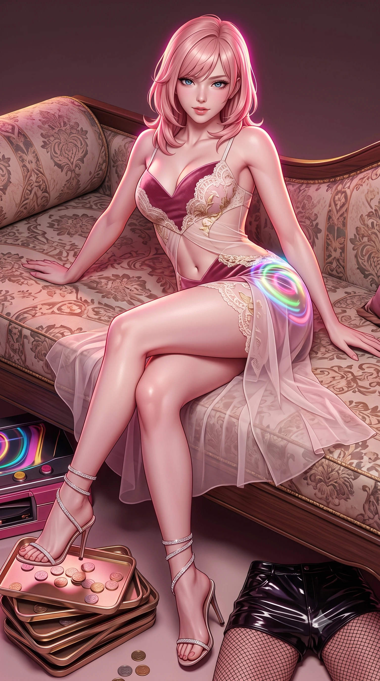 score_9, masterpiece, best quality, ultra-detailed, high-budget anime keyframe, semi-realistic 3D game render, editorial fashion photography, tasteful artistic composition, Japanese woman. low angle full-body shot from head to toe showing her feet, filling the entire 9:16 vertical frame with her statuesque presence, stretching her vertical silhouette. lounging on the lavish daybed with legs crossed and hips angled toward the camera, displaying her toned midriff and long slender limbs with effortless siren poise while twisting her slender torso in an alluring contrapposto stance, kaleidoscope neon reels reflecting across her narrow waist and hips. The surrounding environment is rendered in vivid detail and crisp panoramic clarity: detailed wet-look vinyl hot-pants cling, fishnet stocking texture, and retro-futuristic arcade styling in razor-sharp precision. She has an absolutely perfect, statuesque 8.5-heads proportion, an exceptionally tall and slender model-like female figure with impossibly long slender legs, an ultra-slim waist, a flat toned midriff, narrow delicate ribcage, and beautifully sculpted feminine hips creating a graceful, slim hourglass silhouette without any bulky heaviness. sharp v-shaped jawline, high-bridge nose, sparkling eyes with hypnotic seductive depth, thick curled eyelashes, glossy parted lips with a natural dewy peach sheen, alluring bedroom-eyes with an enchanting coquettish smile, exuding magnetic siren charisma and sophisticated glamour, flawlessly proportioned anatomical accuracy, strict slender model proportions, natural body alignment, perfectly sculpted long slender limbs, ultra-slim waistline, clean dynamic posture without body distortion. wearing a deep sweetheart-neckline velvet bodycon dress with sheer side-torso cutouts accentuating her hourglass curves in delicate blush peony pink and antique white lace with gold leaf, made of sheer gossamer chiffon that drapes softly against skin with airy translucence, complemented by strappy stiletto sandals with crystal ankle wraps accentuating her slender calves, the liquid-tight tailored fabric clinging flawlessly to her narrow waist and rounded feminine hips, emphasizing every millimeter of her sculpted slim hourglass curves without any bulky heaviness. illuminated by coin tray bounce and sharp magenta-gold rim lights sculpting her jawline, flat midriff, and voluptuous hip curves. highly saturated vibrant anime colors, detailed shading with soft gradients, rich glossy textures, high-contrast stereoscopic depth, volumetric dynamic lighting, master piece, 9:16 ratio
