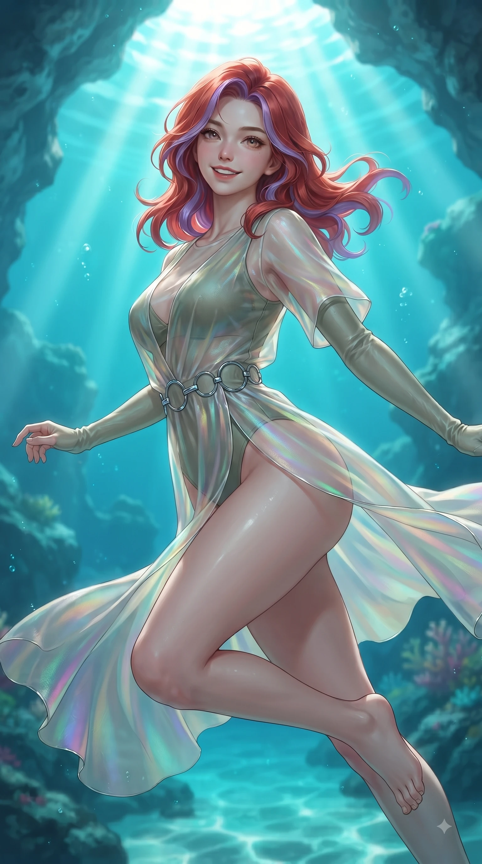 score_9, masterpiece, best quality, ultra-detailed, high-budget anime keyframe, editorial fashion photography, tasteful artistic composition, Caucasian woman. close-up cowboy shot from the waist and thighs up, the character dominates the composition, filling the frame with her large presence, background elements kept in soft focus. Gazing directly into the camera with a joyful, infectious smile as her torso curves dynamically in mid-stride while gliding joyfully upward toward sunbeams penetrating a clear turquoise sea cavern, gentle ocean currents swaying her lightweight aquatic attire in fluid joyful motions. She has an exceptionally elegant, slender, and willowy female figure with an ultra-slim waist, a gracefully sculpted slender torso, and a refined silhouette. sharp v-shaped jawline, high-bridge nose, intricate jewel-like eyes with depth, thick eyelashes, glossy lips with a natural sheen, flawlessly proportioned anatomical accuracy, natural body alignment, perfectly sculpted elegant limbs, clean dynamic posture without body distortion. wearing a semi-opaque sheer overlay dress over a leather micro-bodysuit in sage green and oatmeal, crafted from iridescent chiffon that shifts colors in the light, accented with delicate chrome ring hardware framing her waist, the glove-like fit emphasizing her statuesque silhouette during motion. bathed in brilliant underwater sunbeams and luminous turquoise caustic glow. ultra-reflective glossy finish, specular highlights, metallic sheen, high-contrast stereoscopic depth, volumetric dynamic lighting, 2k, ultra detail, master piece, 9:16 ratio
