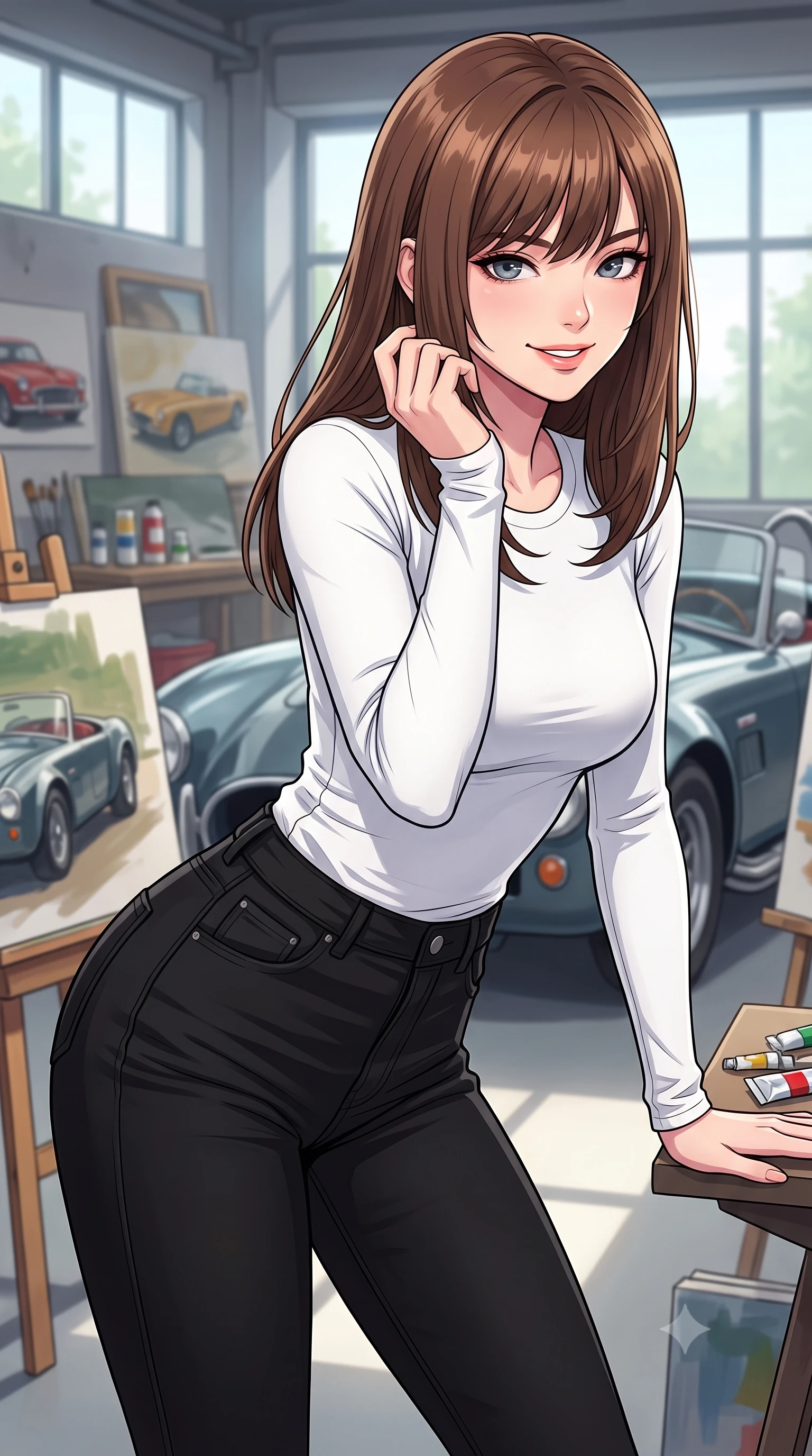score_9, masterpiece, best quality, ultra-detailed, high-budget anime keyframe, tasteful artistic composition, Korean woman. close-up cowboy shot from the waist and thighs up, the character dominates the composition, filling the frame with her large presence, background elements kept in soft focus. leaning slightly forward with a playful, teasing smile, her gaze locked onto the viewer the background shows a soft-focus a private art studio garage filled with car canvases, paints, and a vintage roadster. She has an exceptionally elegant, slender, and willowy female figure with an ultra-slim waist, a gracefully sculpted slender torso, and a refined silhouette. sharp v-shaped jawline, high-bridge nose, intricate jewel-like eyes with depth, thick eyelashes, glossy lips with a natural sheen. wearing a slim-fit tight-fitting long-sleeve tee in pure white, tucked into high-waisted black skinny pants. crisp North daylight casting soft, consistent lighting over the workspace. highly saturated vibrant anime colors, cel-shading, 2d style, master piece, 9:16 ratio