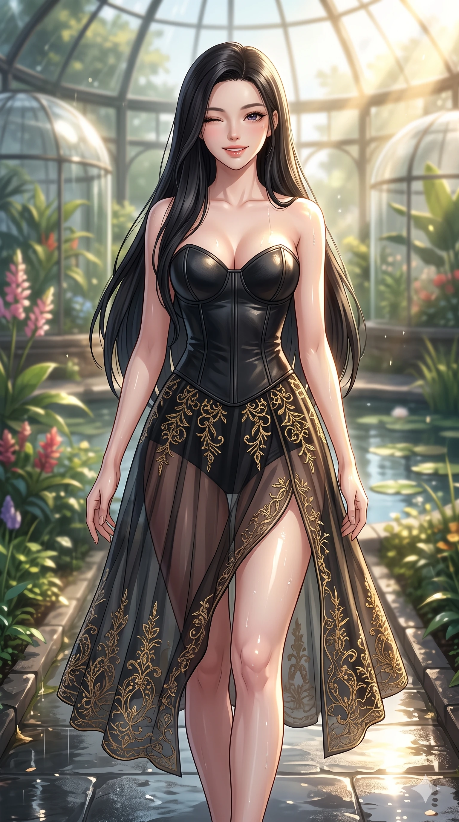 score_9, masterpiece, best quality, ultra-detailed, high-budget anime keyframe, vibrant anime aesthetic, Korean woman. close-up cowboy shot from the waist and thighs up, the character dominates the composition, filling the frame with her large presence, background elements kept in soft focus. She is walking down a rain-slicked path, winking and smiling cheerfully, gazing at the camera with sparkling eyes with a captivating and confident presence. the background shows a soft-focus sunny greenhouse laboratory filled with rare botanical specimens and golden volumetric sunbeams (Code-P22-176). She has an absolutely perfect proportion, an exceptionally elegant and slender female figure with an ultra-slim waist. V-shaped jawline, high-bridge nose, intricate jewel-like eyes with depth, thick eyelashes, glossy lips with a natural sheen. wearing a structured leather bodice featuring a sweetheart neckline and a translucent skirt in midnight black with gold embroidery. She is drenched in brilliant morning sunshine reflecting off wet glass domes, highlighting her winking face and glossy lips by the quiet garden pond. 2k, ultra detail, master piece, 9:16 ratio
