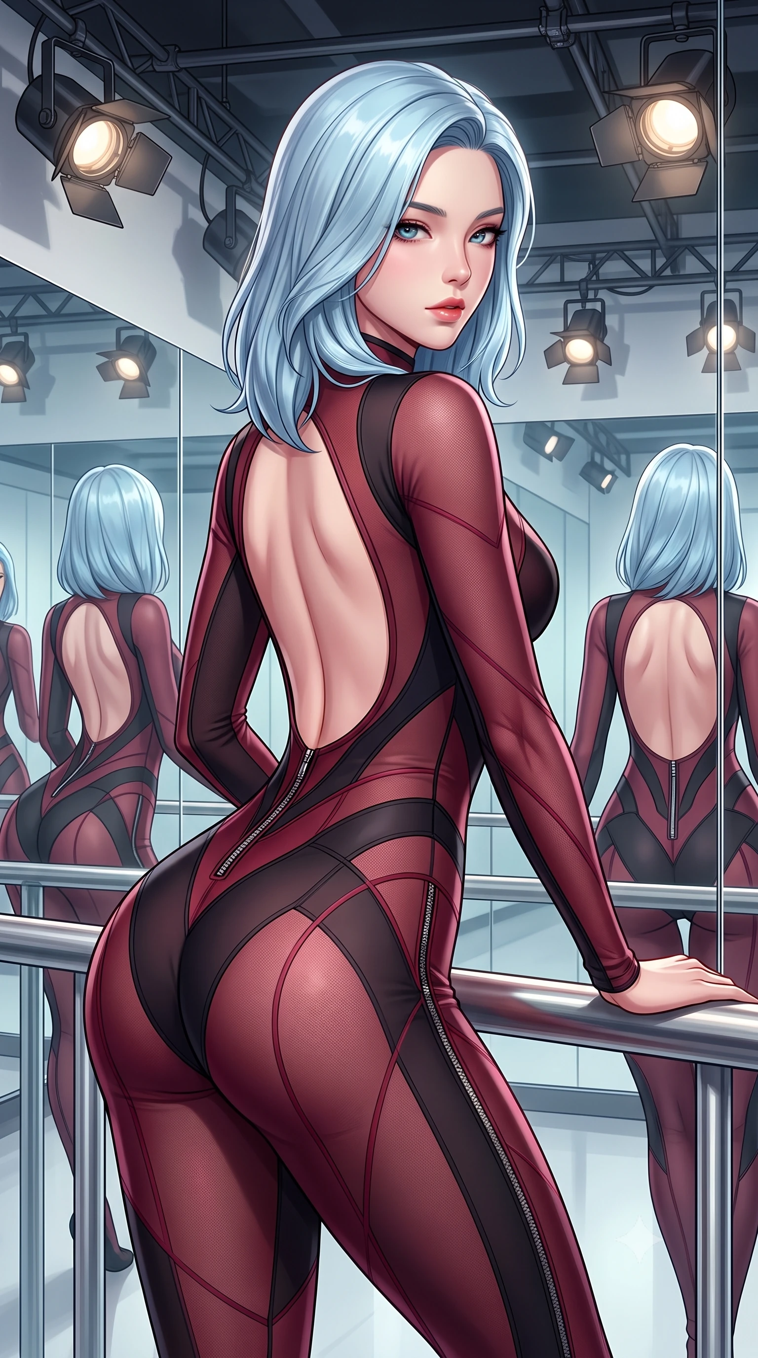 score_9, masterpiece, best quality, ultra-detailed, high-budget anime keyframe, semi-realistic 3D game render, editorial fashion photography, tasteful artistic composition, Korean woman. close-up cowboy shot from the waist and thighs up, the character dominates the composition, filling the frame with her large presence. leaning forward against the polished railing with her hips cocked back, creating an intoxicating curve from her narrow waist to sculpted hips as she gazes back into the lens while executing an elegant mid-motion arabesque turn before the mirrors, the tight fabric sculpting her feminine hip contour with statuesque precision. The surrounding environment is rendered in vivid detail and crisp panoramic clarity. detailed muscle definition, fabric stretch tension lines, and studio spotlight fixtures in high clarity. She has an exceptionally elegant, slender, and willowy female figure with an ultra-slim waist, a gracefully sculpted slender torso, toned flat midriff, and rounded feminine hips creating an alluring hourglass silhouette. sharp v-shaped jawline, high-bridge nose, intricate jewel-like eyes with depth, thick eyelashes, glossy parted lips with a natural sheen, intensely captivating and seductive bedroom-eyes expression, flawlessly proportioned anatomical accuracy, strict slender model proportions, natural body alignment, perfectly sculpted long slender limbs, ultra-slim waistline, clean dynamic posture without body distortion. wearing an aerodynamic compression bodysuit featuring a wide open back and reinforced hip contour seams in crimson wine red and matte black, made of sheer contouring power-mesh panels with anatomical curve lines, finished with metallic zipper detailing along the spine and hips, the precision-cut side openings and low-back scoop framing her graceful spine and the sensual sweep of her hips. surrounded by a disciplined, sensual, and exquisitely graceful haute-couture dancer aura. highly saturated vibrant anime colors, detailed shading with soft gradients, rich glossy textures, high-contrast stereoscopic depth, volumetric dynamic lighting, master piece, 9:16 ratio