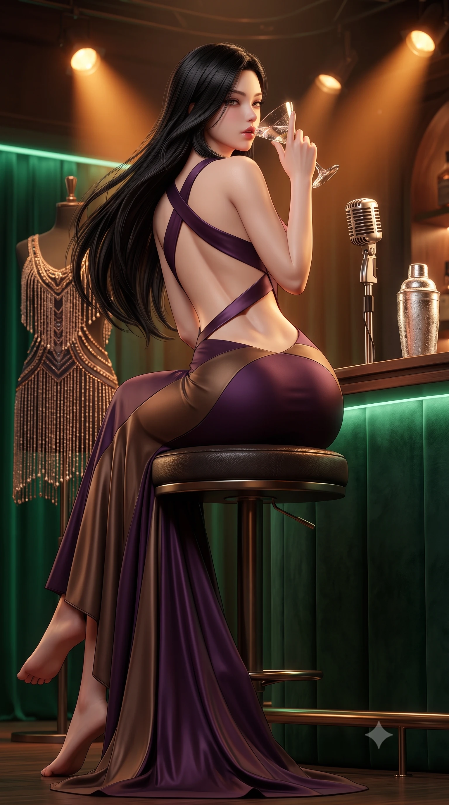 score_9, masterpiece, best quality, ultra-detailed, high-budget anime keyframe, semi-realistic 3D game render, editorial fashion photography, tasteful artistic composition, Korean woman. low angle full-body shot from head to toe showing her feet, filling the entire 9:16 vertical frame with her statuesque presence, stretching her vertical silhouette. posing with back turned slightly to the lens, glancing back with smoldering allure as she arches her lower back to emphasize her sculpted feminine hips and slender waist while sitting high on a dark leather circular barstool with legs crossed, arching her lower back while holding a crystal cocktail glass to her parted lips. The surrounding environment is rendered in vivid detail and crisp panoramic clarity. detailed beaded dress fringe movement, cocktail glass condensation, and vintage microphone grill in high clarity. She has an exceptionally tall and slender model-like 8.5-heads proportion, an ultra-slim waist, a flat toned midriff, narrow delicate ribcage, and beautifully sculpted feminine hips creating a graceful, slim hourglass silhouette without any bulky heaviness, with impossibly long slender legs. sharp v-shaped jawline, high-bridge nose, intricate jewel-like eyes with depth, thick eyelashes, glossy parted lips with a natural sheen, intensely captivating and seductive bedroom-eyes expression, flawlessly proportioned anatomical accuracy, strict slender model proportions, natural body alignment, perfectly sculpted long slender limbs, ultra-slim waistline, clean dynamic posture without body distortion. wearing a sculptured liquid-satin mermaid gown with an architectural open-waist cutout and bare spine in deep plum violet and antique bronze, tailored from liquid silk jersey adhering flawlessly to her slender build, finished with criss-cross back satin straps highlighting her graceful shoulder blades, the glove-like aerodynamic silhouette tightly following the natural contour of her hips and long slender legs with statuesque 8.5-heads elegance. bathed in warm amber incandescent spotlight beams and soft emerald velvet perimeter glow. highly saturated vibrant anime colors, detailed shading with soft gradients, rich glossy textures, high-contrast stereoscopic depth, volumetric dynamic lighting, master piece, 9:16 ratio