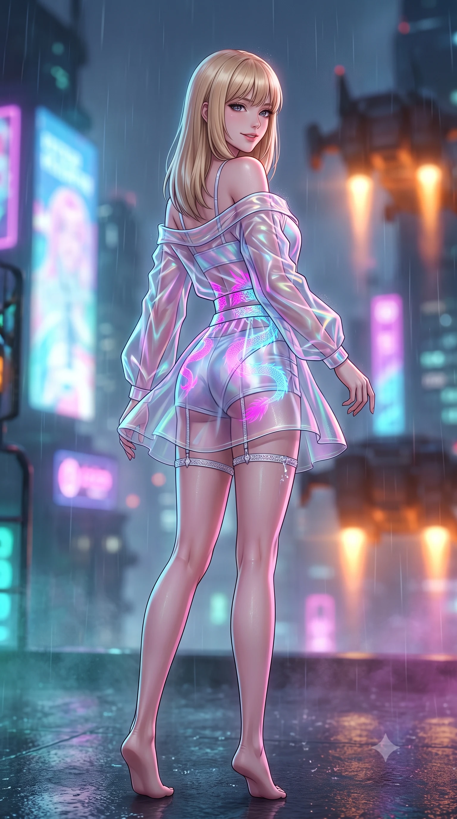 score_9, masterpiece, best quality, ultra-detailed, high-budget anime keyframe, semi-realistic 3D game render, editorial fashion photography, tasteful artistic composition, Japanese woman. low angle full-body shot from head to toe showing her feet, filling the entire 9:16 vertical frame with her statuesque presence, stretching her vertical silhouette. executing a slow, graceful pivot turn as her skirt sways around her slender legs, glancing back with an enchanting, teasing sensual expression while twisting her slender torso in an alluring contrapposto stance, dripping holographic dragon signs painting electric magenta and cyan across her narrow waist and hips. The background shows a soft-focus fine neon-lit rain mist softened in cyberpunk citadel rooftop shallow focus. She has an exceptionally tall and slender model-like 8.5-heads proportion, an ultra-slim waist, a flat toned midriff, narrow delicate ribcage, and beautifully sculpted feminine hips creating a graceful, slim hourglass silhouette without any bulky heaviness, with impossibly long slender legs. sharp v-shaped jawline, high-bridge nose, intricate jewel-like sparkling eyes with depth, thick eyelashes, glossy parted lips with a natural peach sheen, bright cheerful beaming smile with an enchanting and coquettish sensual glint, exuding both youthful cute charm and seductive allure, flawlessly proportioned anatomical accuracy, strict slender model proportions, natural body alignment, perfectly sculpted long slender limbs, ultra-slim waistline, clean dynamic posture without body distortion. wearing a translucent iridescent organza tactical robe slipping off bare shoulders over a matching satin micro-bralette and combat shorts in holographic prismatic pearl and aerospace white, woven from stretch metallic lurex jersey casting radiant starlight glints across her curves, finished with delicate crystal-encrusted thigh garter straps glinting in the dim light, the impeccably tailored cut draping gracefully along her slender figure with aristocratic poise. bathed in the multi-hued ambient neon glow of towering holographic billboards mixed with warm orange VTOL engine exhausts. highly saturated vibrant anime colors, detailed shading with soft gradients, rich glossy textures, high-contrast stereoscopic depth, volumetric dynamic lighting, master piece, 9:16 ratio
