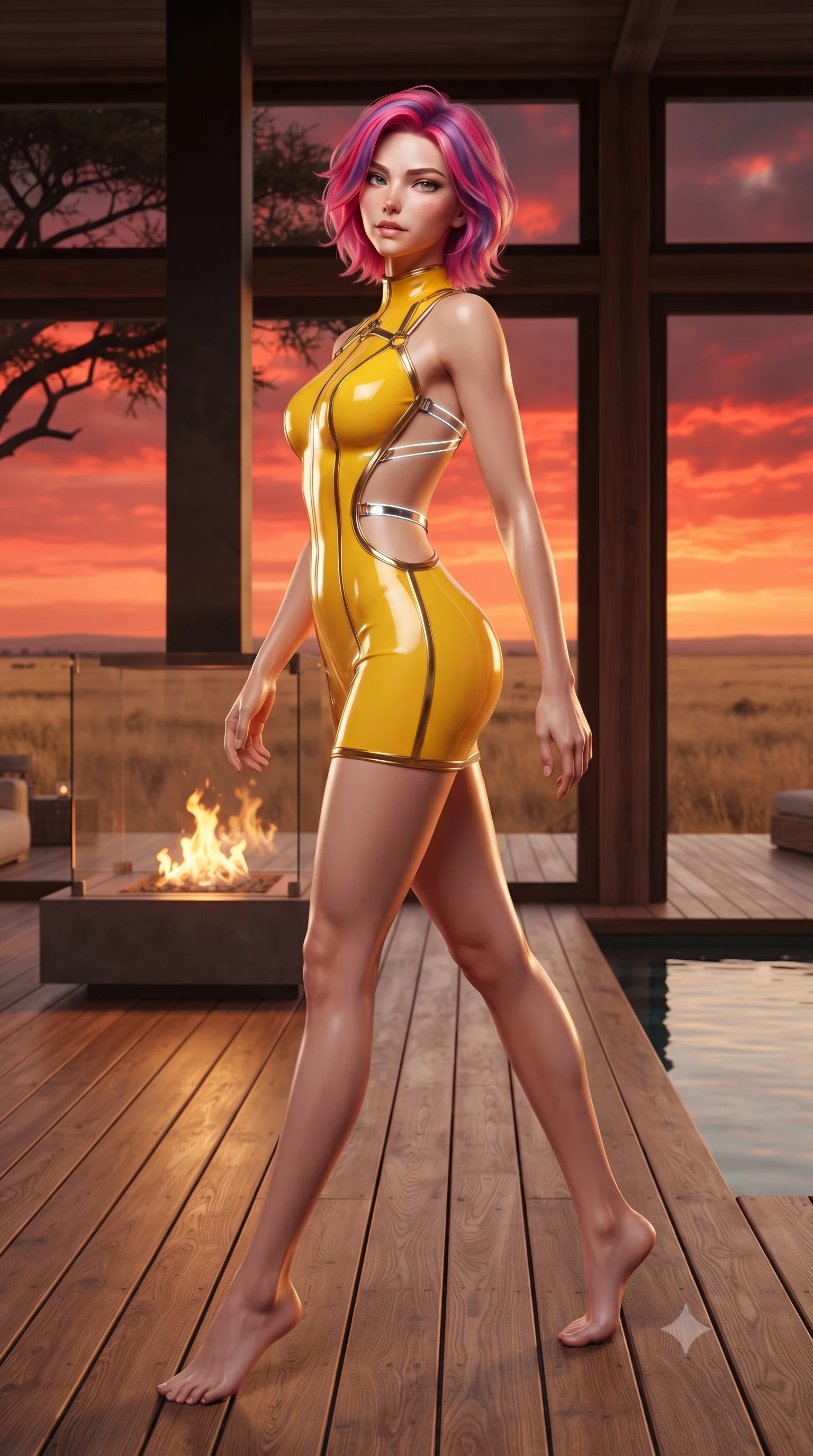 score_9, masterpiece, best quality, ultra-detailed, high-budget anime keyframe, editorial fashion photography, tasteful artistic composition, Caucasian woman. low angle full-body shot from head to toe showing her feet, filling the entire 9:16 vertical frame with her statuesque presence, stretching her vertical silhouette. pivoting dynamically in mid-motion with a breathtakingly alluring posture, displaying her flawless model proportions and ultra-slim waist while pivoting dynamically near a modern glass fireplace overlooking the vast golden plains under a fiery crimson sky. The surrounding environment is rendered in vivid detail and crisp panoramic clarity. crisp teak wood deck grain, acacia tree branch silhouettes, and calm pool water reflections in deep focus. She has an absolutely perfect, statuesque 8.5-heads proportion, an exceptionally tall and slender model-like female figure with impossibly long slender legs, a toned flat midriff, and an ultra-slim waist. sharp v-shaped jawline, high-bridge nose, intricate jewel-like eyes with depth, thick eyelashes, glossy lips with a natural sheen, flawlessly proportioned anatomical accuracy, strict slender model proportions, natural body alignment, perfectly sculpted long slender limbs, ultra-slim waistline, clean dynamic posture without body distortion. wearing a second-skin fashion-latex mini dress with a clean architectural front, featuring an open-back design that wraps around the sides of her waist, showcasing her slender silhouette in vibrant sunburst canary yellow and gold trim, crafted from ultra-reflective second-skin latex with a high-gloss glass-like polish, reinforced by a sleek metallic chrome harness and delicate glowing micro-straps, the precision-cut daring openings accentuating her delicate midriff, graceful bare collarbones, and ultra-slim feminine waistline. surrounded by an exotic, wild, and intensely magnetic safari luxury lifestyle aura. ultra-reflective glossy finish, specular highlights, metallic sheen, high-contrast stereoscopic depth, volumetric dynamic lighting, 2k, ultra detail, master piece, 9:16 ratio